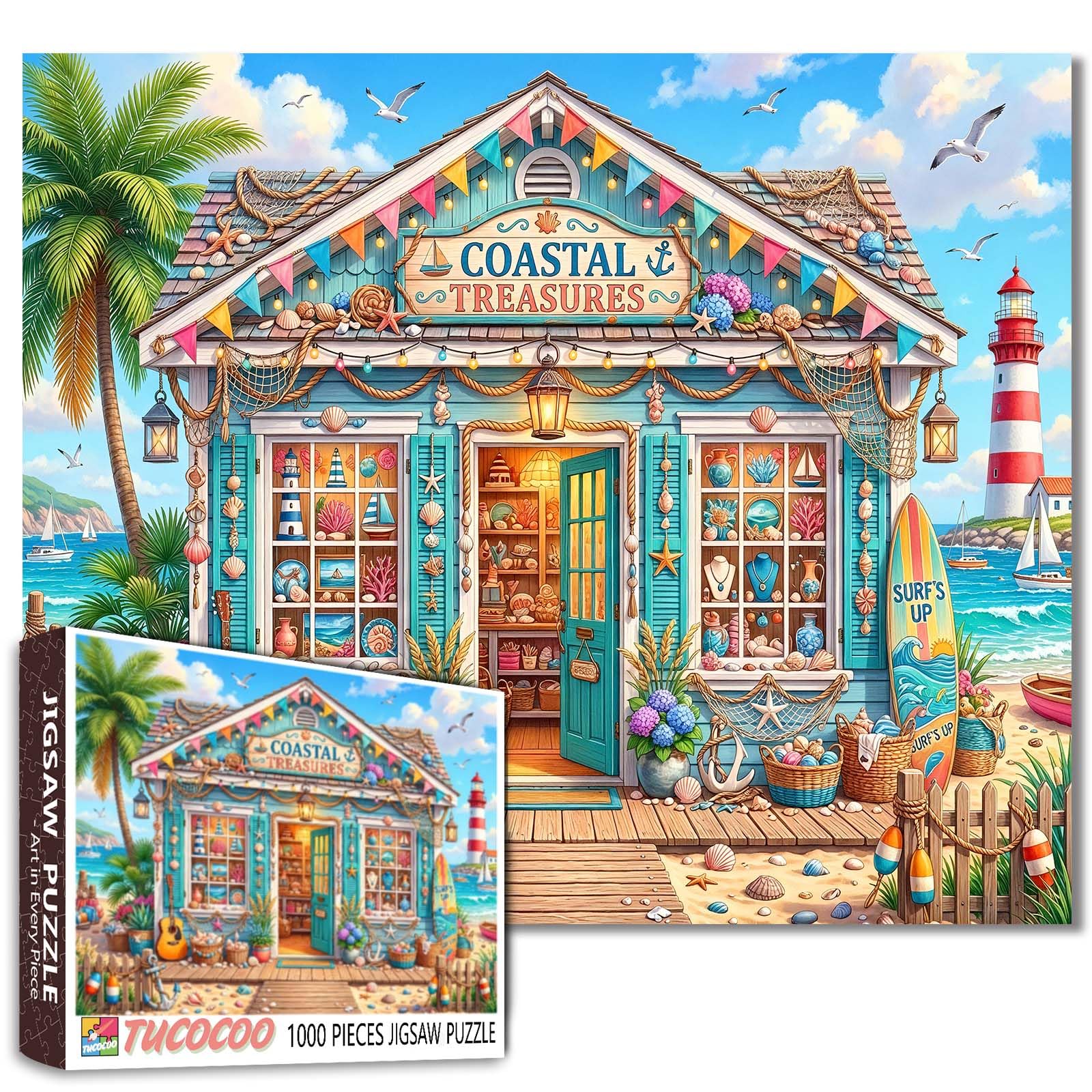 Summer Beach Jigsaw Puzzles 1000 Pieces for Adults, Families(Shell decorations, Surfboards, Jewelry, Seaside souvenirs) Pieces Fit Together Perfectly 19.7''x27.6''inch Frameable Freedom Puzzle Art โ image 1