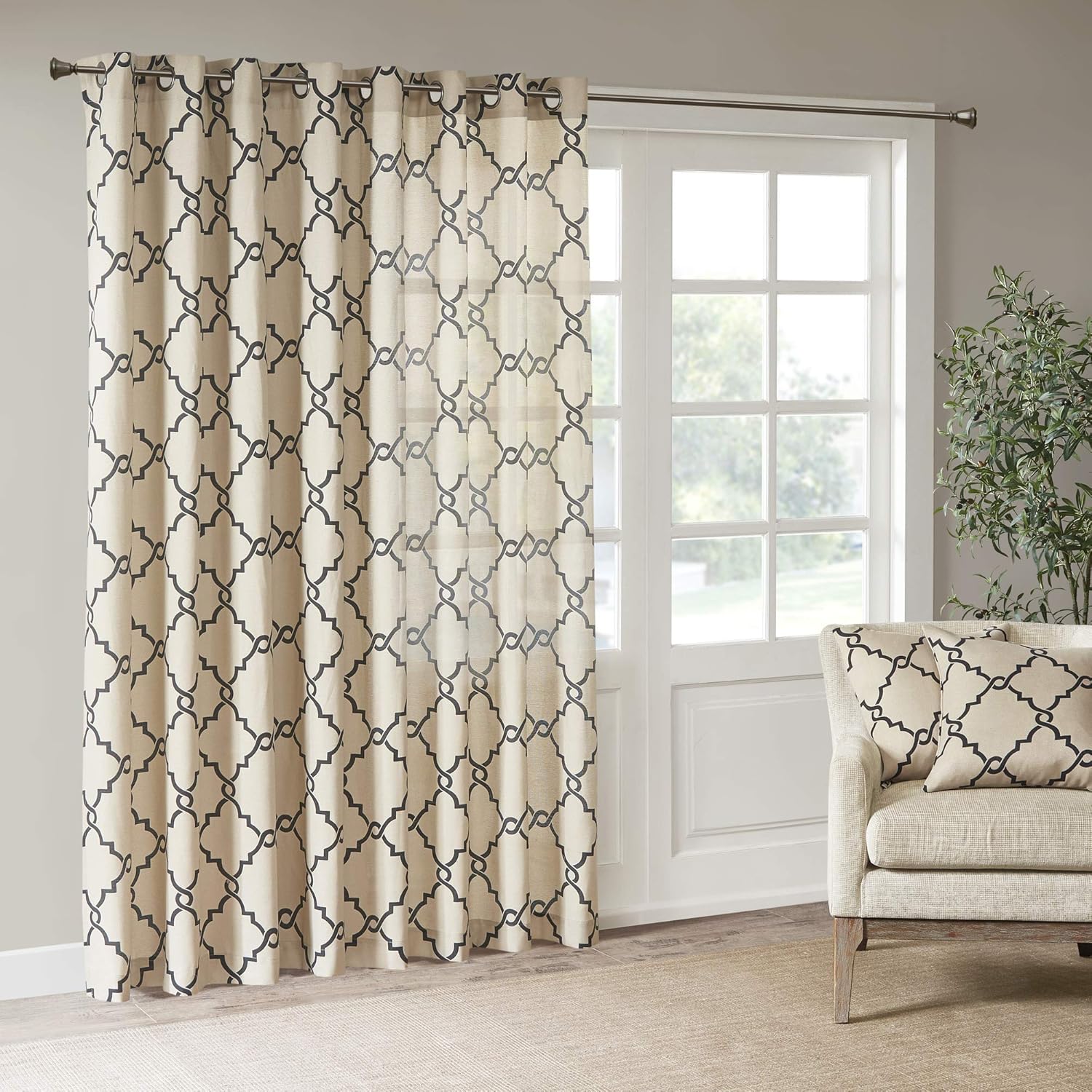 Madison Park Saratoga Single Window Curtain Light Filtering Fretwork Print 1 Panel Grommet Top Drape for Living Room Bedroom and Dorm, 100x84, Khaki