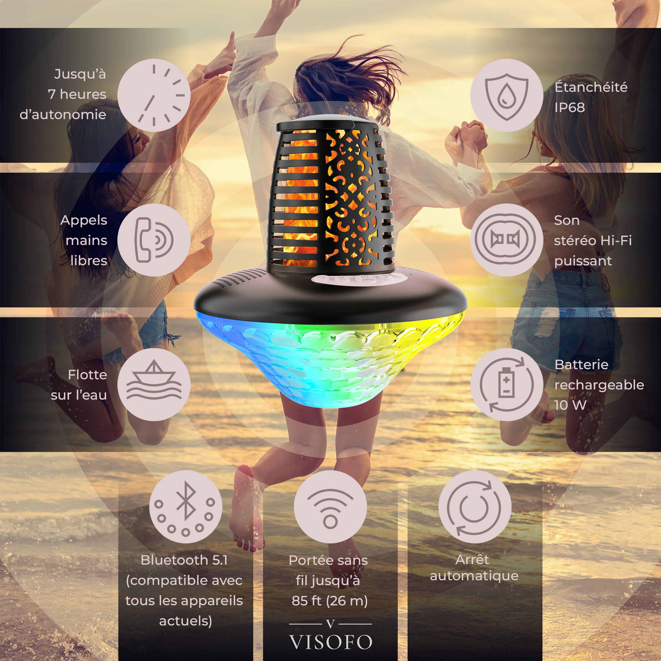 VISOFO Haut-Parleur de Piscine Bluetooth Flottant avec lumières | Accessoires Hors Sol et Piscine creusée étanche IP68 pour Jacuzzi extérieur terrasse Affaires sans Fil Cool Trucs (Multicolore)