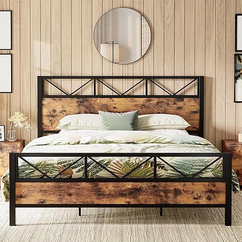 LIKIMIO California King Bed Frame, Tall Industrial Headboard 51.2 ", Platform Bed Frame with Strong Metal Support, Solid and Stable, Noise Free, No Box Spring Needed, Easy Assembly, Vintage Brown