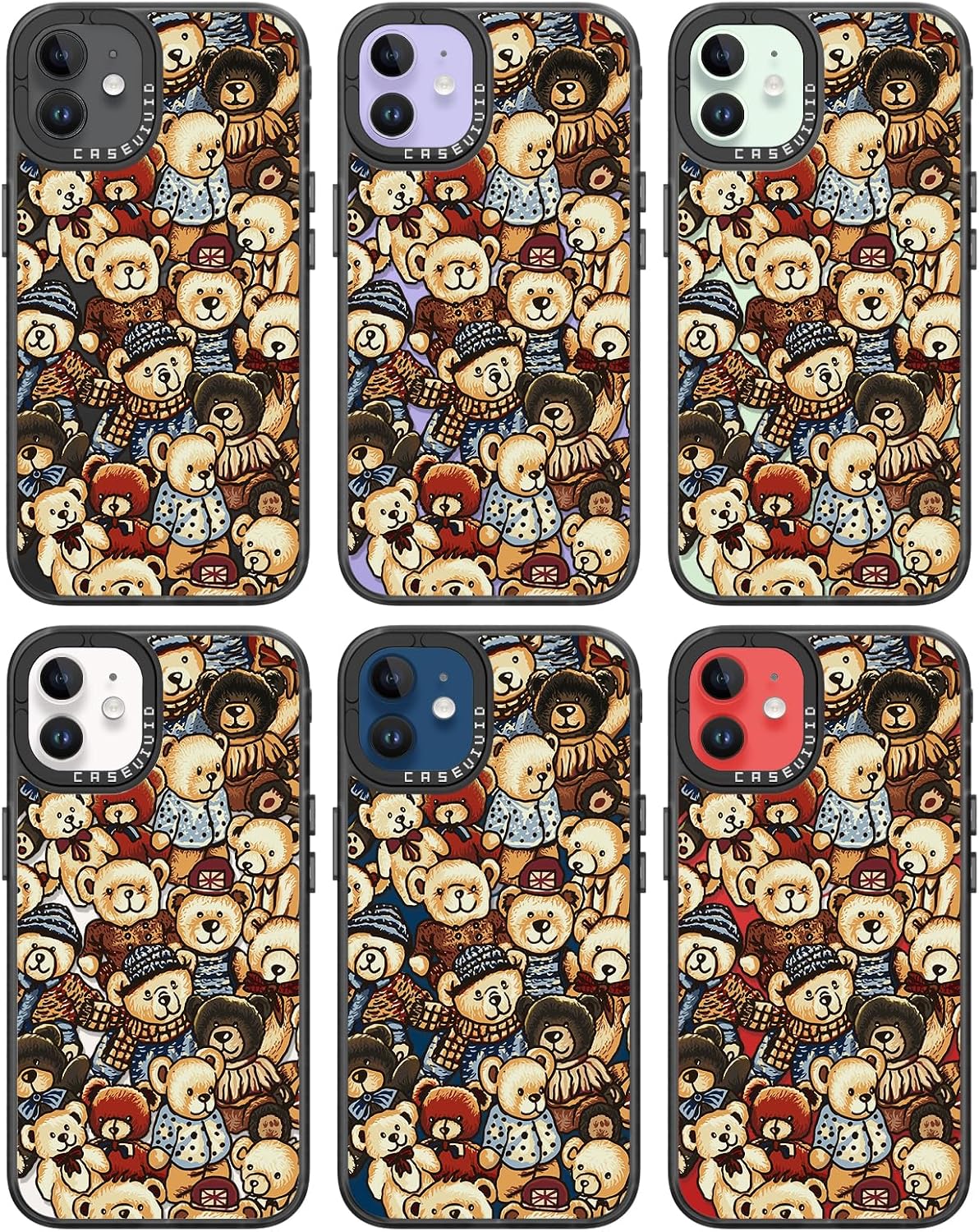 Compatible for iPhone 12 Case Cute Aesthetic - Durable Fashion Funny Phone Case - Girly Bear Pattern Print Cover Design for Woman Girl 6.1 inches Black