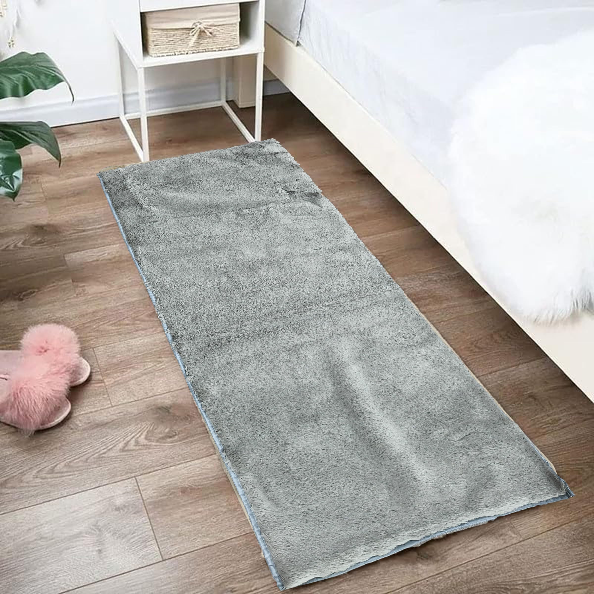 Luxury Faux Rabbit Fur Bed Runner, 55x140 cm, Ultra Soft Plush, TPR Backing, Machine Washable, Brown, Beige, Grey and Silver Colour (Silver)-image-25
