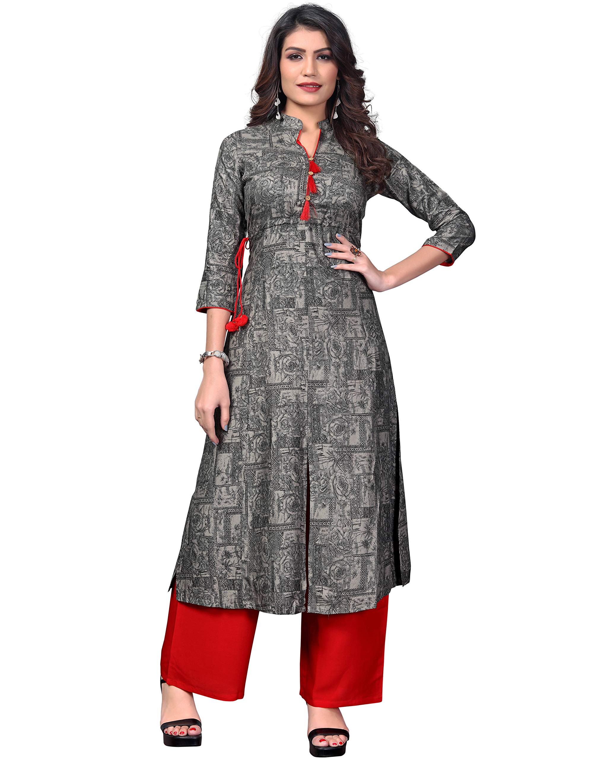 VbuyzWomen's Grey Rayon Straight Kurti, Grey,red, Medium