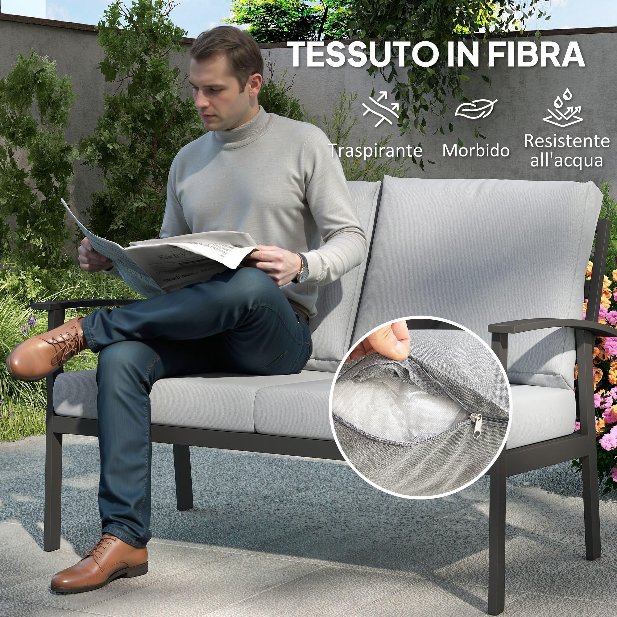 Outsunny Set Salotto da Giardino da 4 Pezzi in Alluminio, Set di Mobili con Divanetto da Esterno a 2 Posti, 2 Poltrone e Tavolo da Caffè con Piano in Vetro e Cuscini Sfoderabili, Grigio Carbone