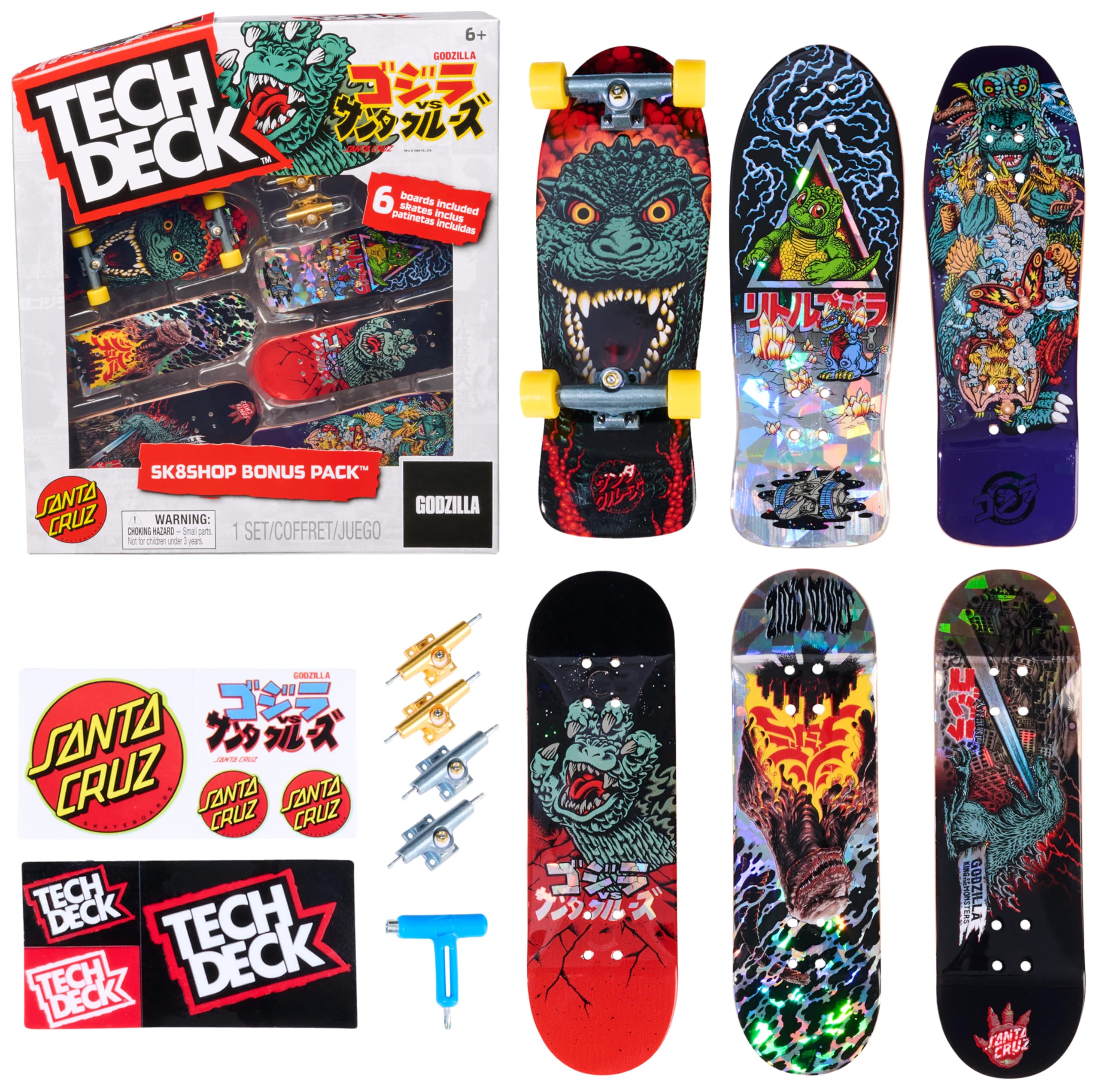 Tech Deck, Godzilla Sk8shop Fingerboard Bonus Pack, Mini Skateboard da Collezione Personalizzabili, Giocattoli per Bambini da 6 Anni in su