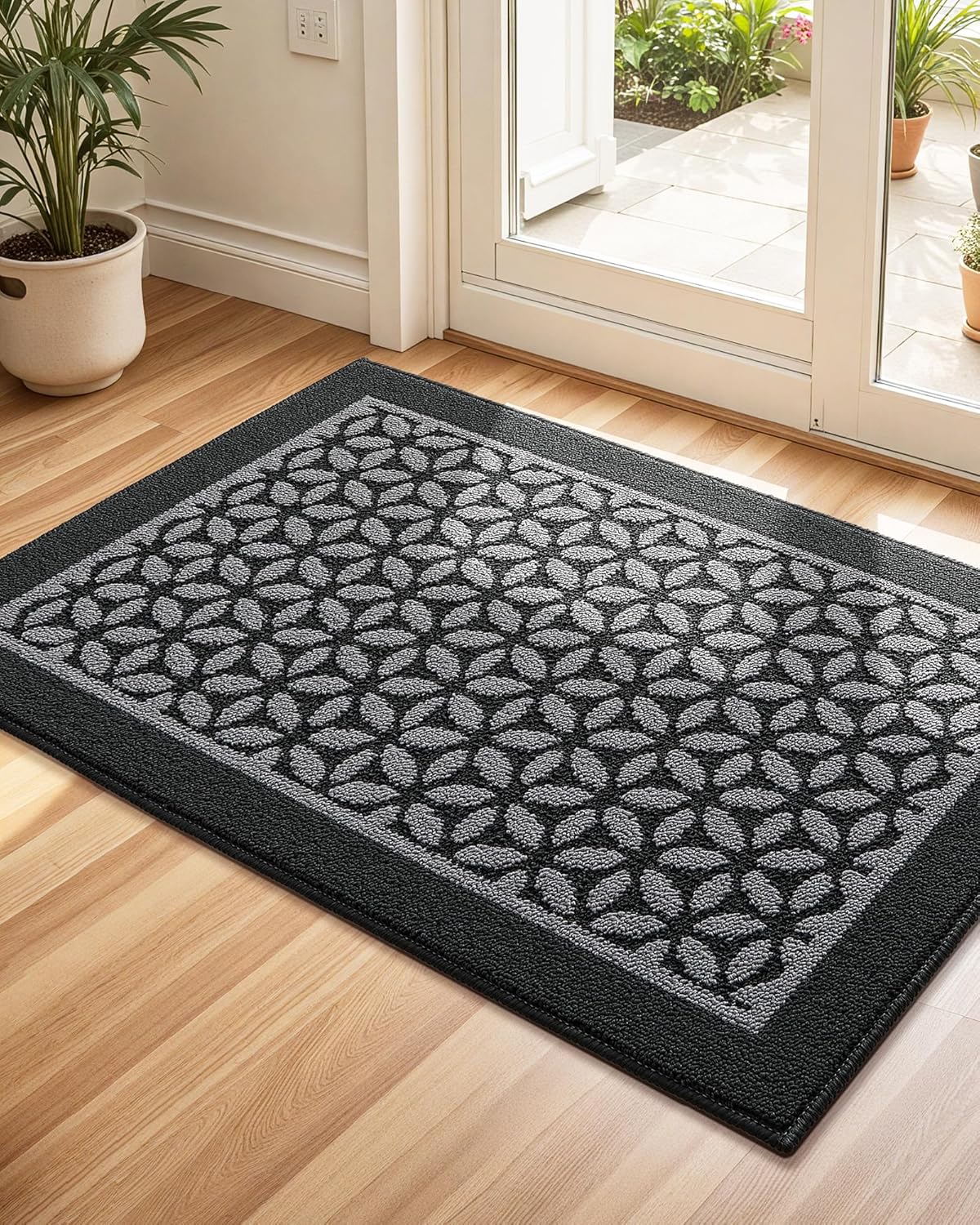 Color&Geometry Indoor Door Mat with Low Profile Design, Washable and Durable, Perfect for Front Door or Indoor Use, Easy to Maintain and Space Saving, 24"x36", Grey Grey Black Floral