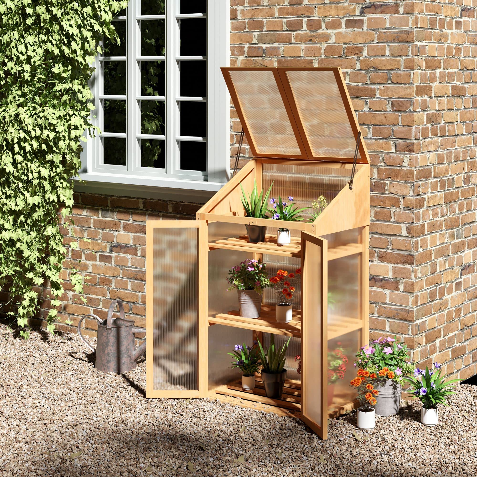 Outsunny Frühbeet aus Holz, Mini Gewächshaus 70 x 50 x 120 cm, Treibhaus mit Abdeckung, Fenster, Doppeltür, lichtdurchlässig Frühbeetkasten mit 3 Regale, Winterfest Hochbeet für Garten, Balkon, Braun