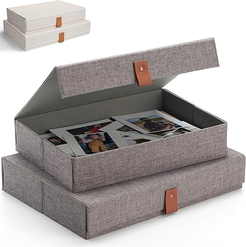 Miniatura 1 de Cajas decorativas de almacenamiento de fotos con tapas, juego de 2 hermosos organizadores de lino son perfectos para almacenar de forma segura tus