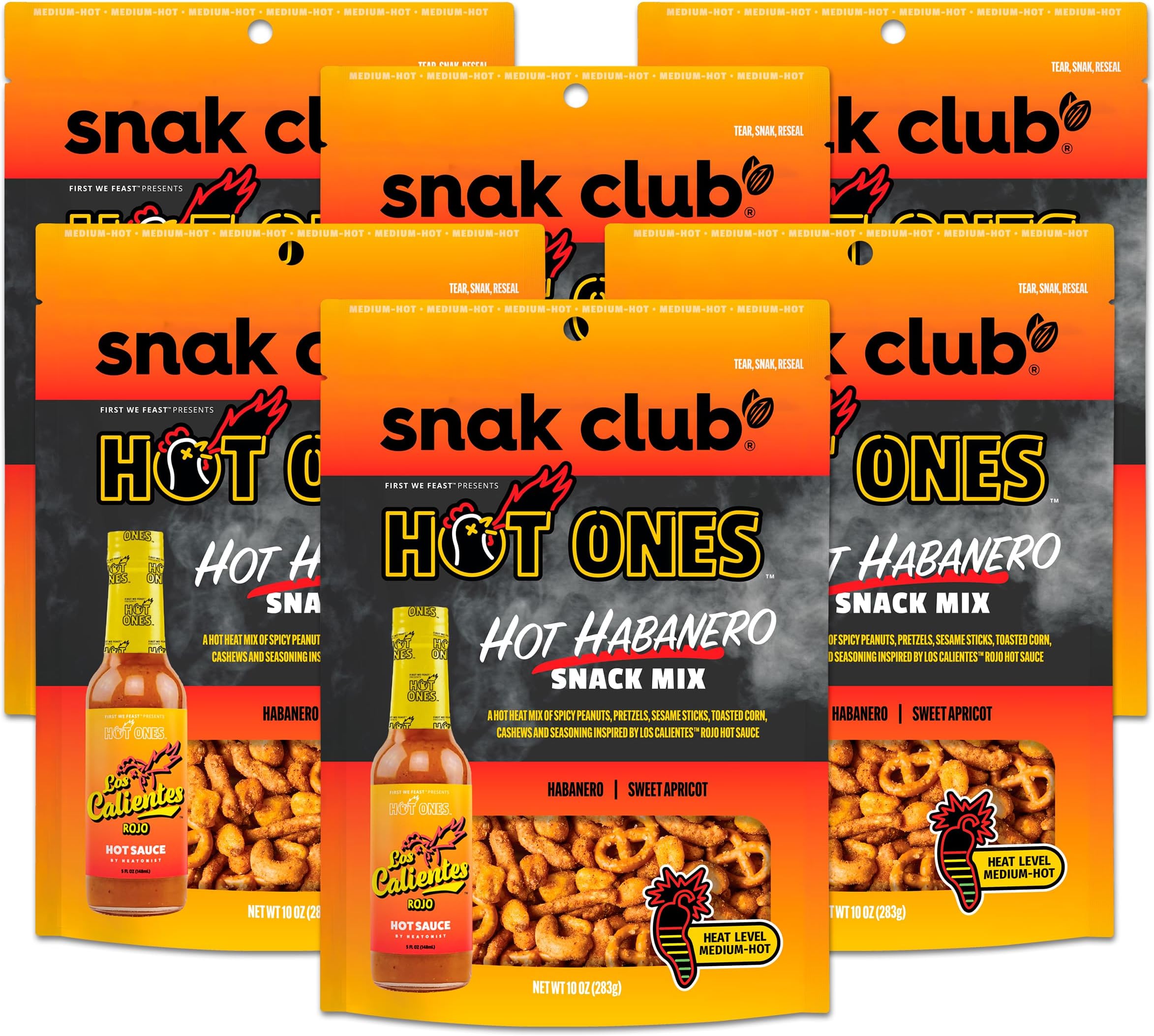 Snak Club x Hot Ones Hot Habanero Snack Mix, Spicy Snacks with Peanuts, Pretzels, Sesame Sticks, Toasted Corn & Cashews, 10 oz Resealable Bag (6 Count)