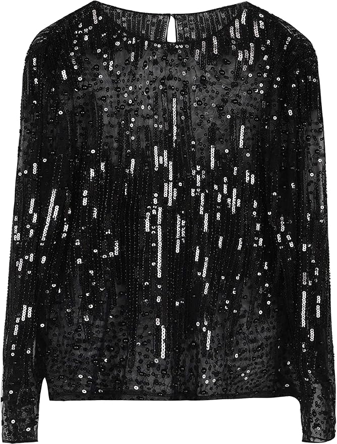 PrettyGuide Women's Sequin Blouse See Through Party Tops Beaded Sparkly