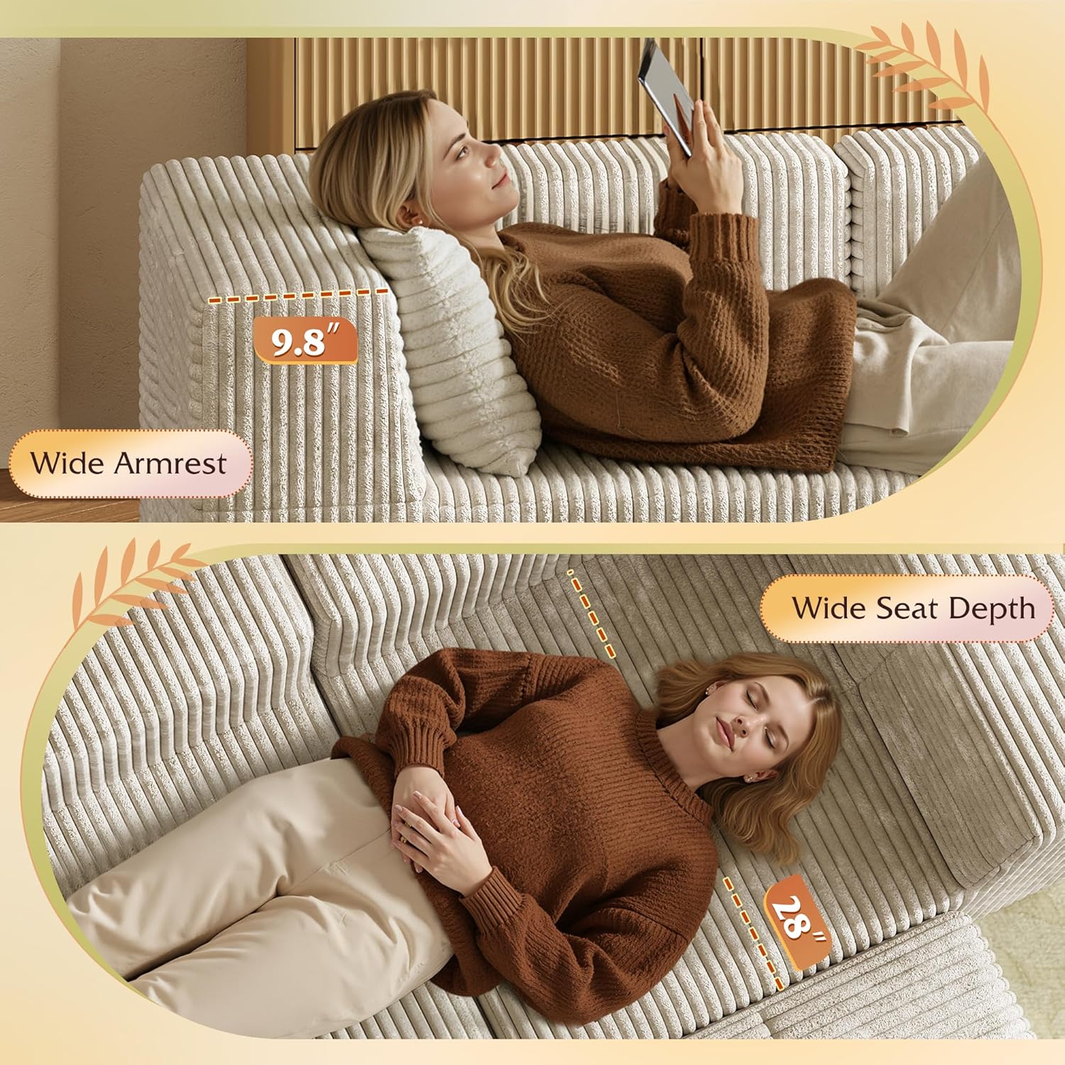 WLIVE 108'' Cloud Sectional Couches for Living Room, Modular Boneless Couch with Facing Chaise, L Shape Memory Foam Corduroy, with Ottoman, Greyish Beige