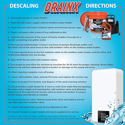 Miniatura 4 de DrainX Kit de lavado de calentador de agua sin tanque con solución descalcificadora líquida ecológica, mangueras de acero, bomba extra fuerte de 1/6