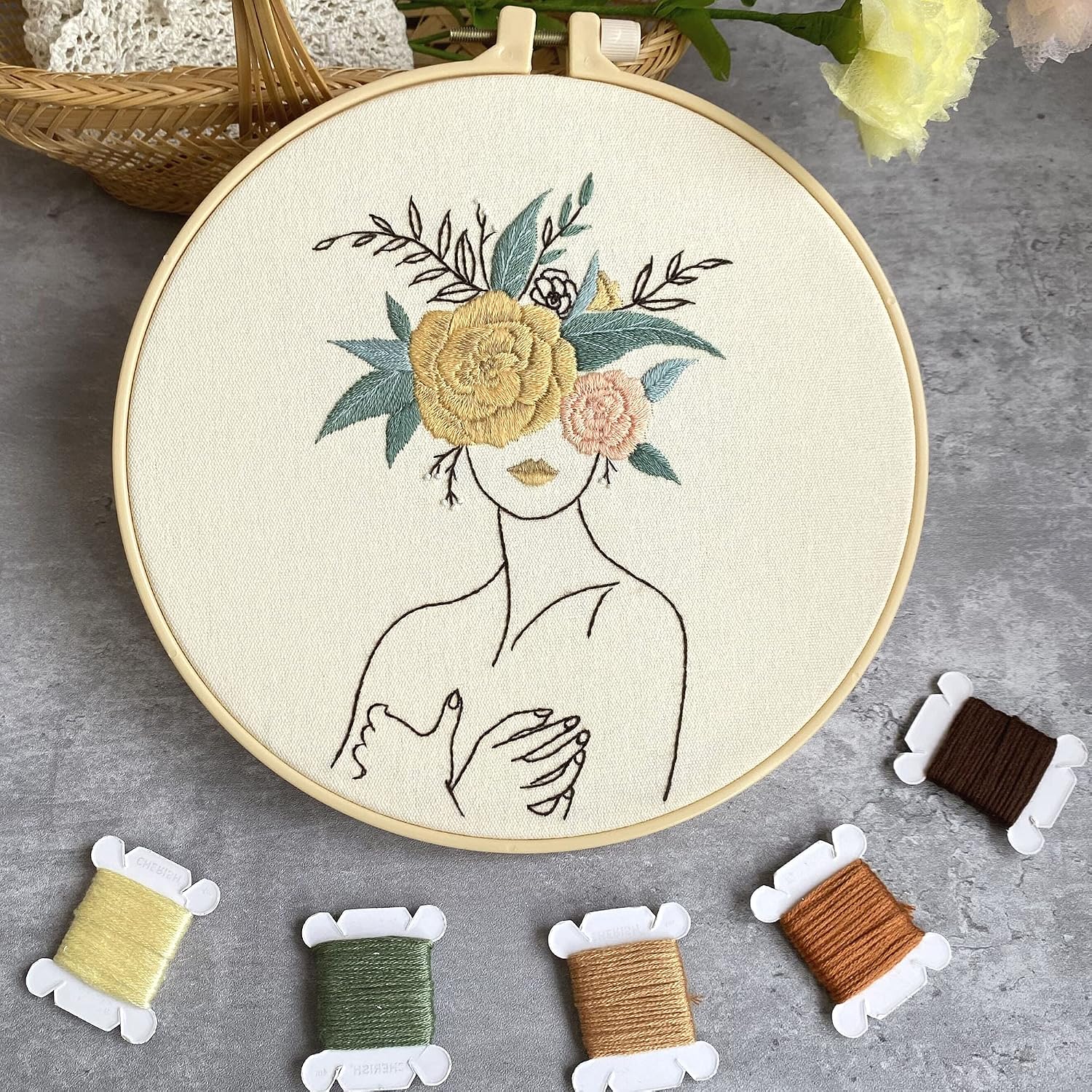 Harimau 3 in Beginner Embroidery Kit,Floral Plant Pattern,Cross Stitch Kits , Including Stamped Embroidery Cloth with 3 Embroidery Hoops, Color Threads and Embroidery Kits