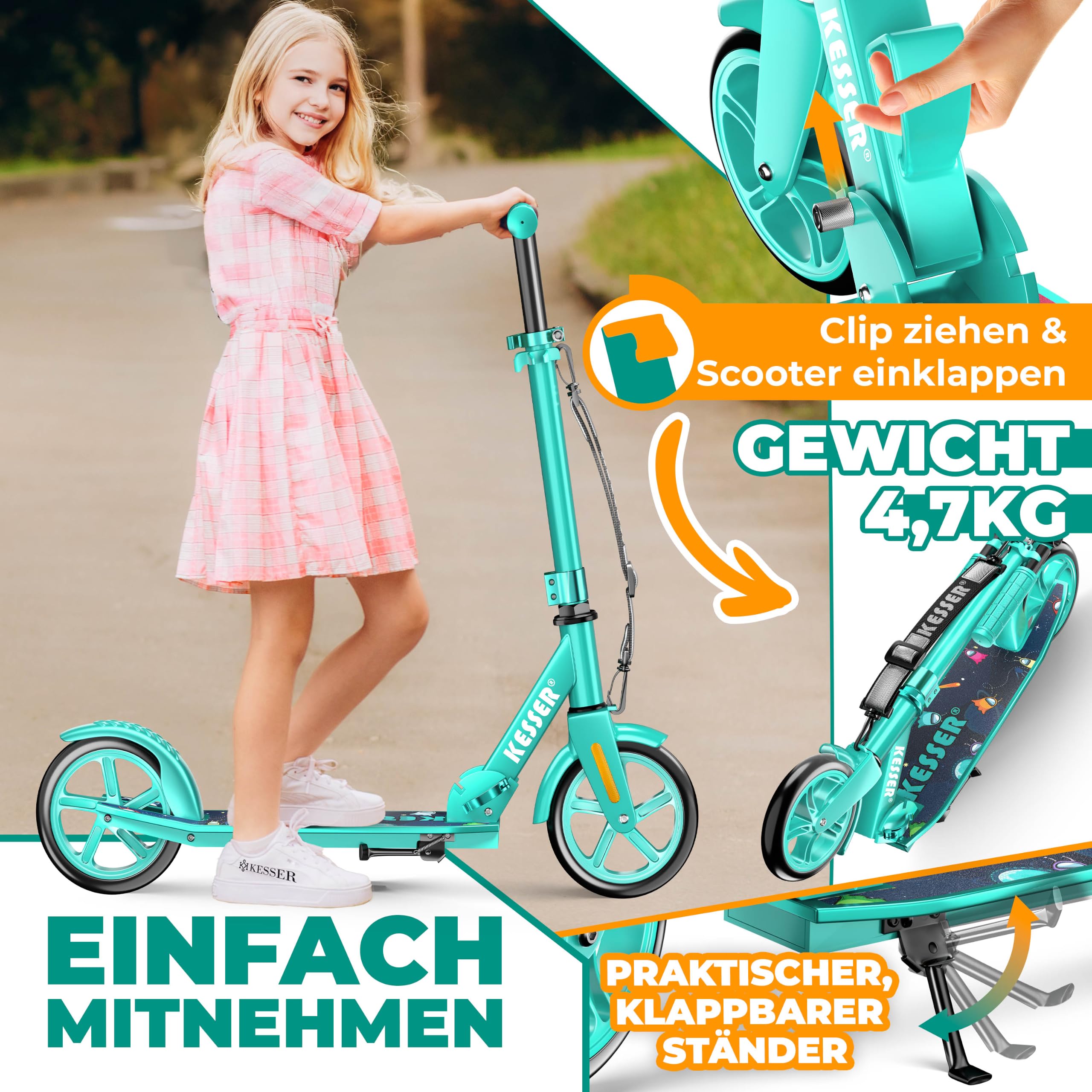 KESSER® Scooter Roller Kinderroller Cityroller Tretroller Kickroller klappbar höhenverstellbar, Kickscooter bis 100kg, Hinterradbremse, rutschfeste Trittfläche, bis 185cm Körpergröße, inkl. Tragegurt