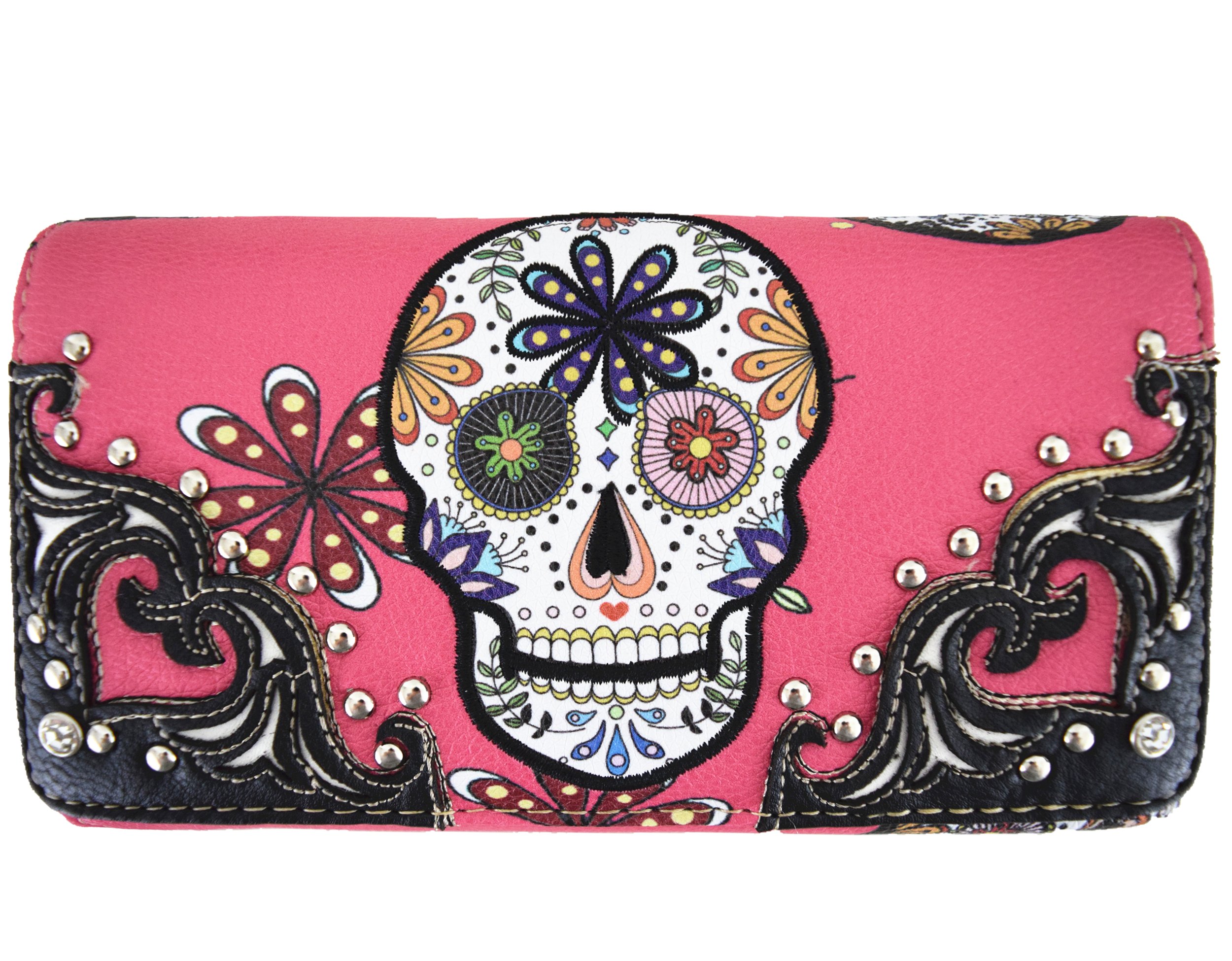 WESTERN ORIGIN Western Cowgirl Sugar Skull Day of the Dead Halloween Small Pouch Wallet Purse for Women Crossbody (Pink)