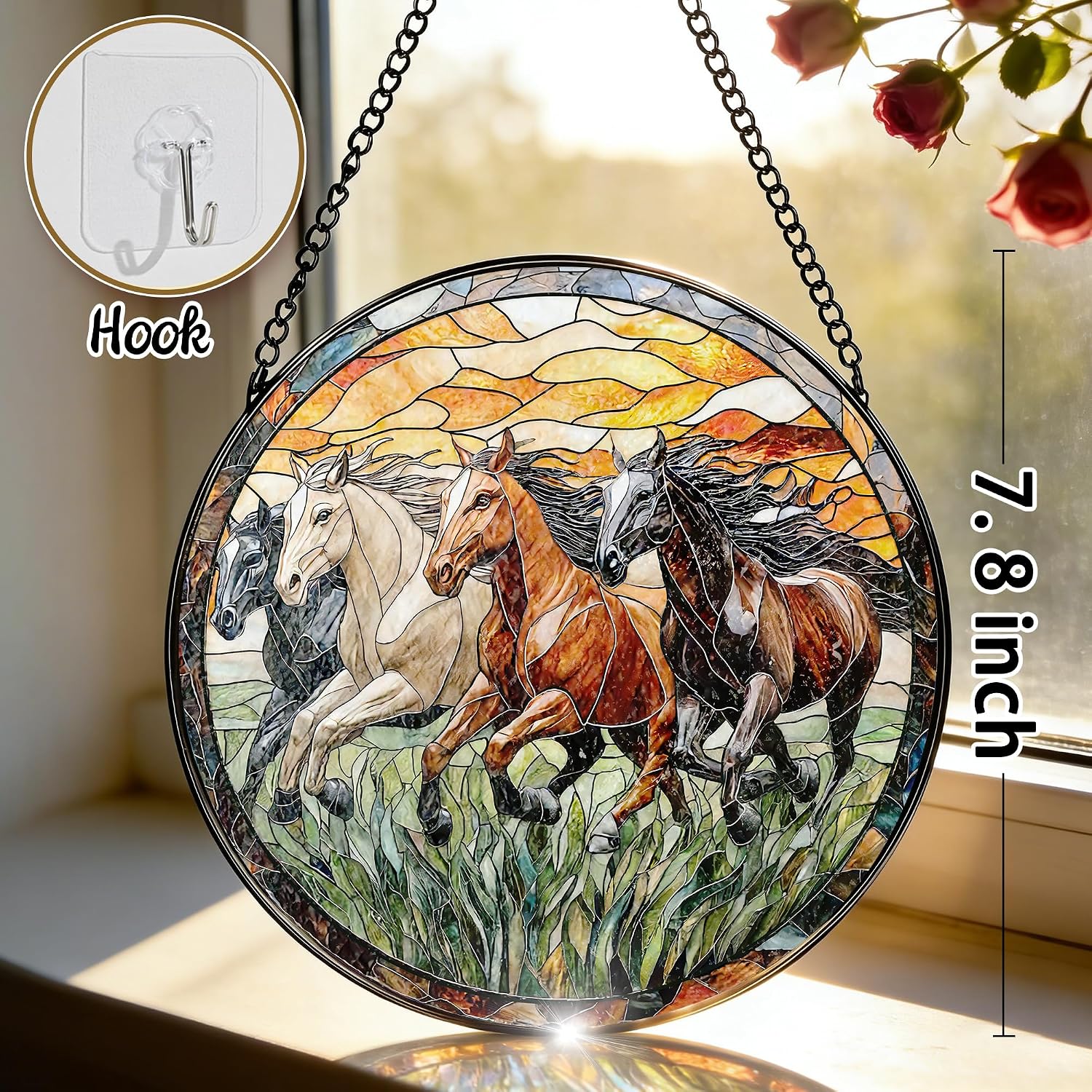 Stained Glass Window Hanging - 7.8" Horse Stained Glass Suncatcher Ornament, Sun Catchers for Windows Hanging, Horse Lovers Gift, Housewarming Gift, Gifts for Family, Friends & Coworkers