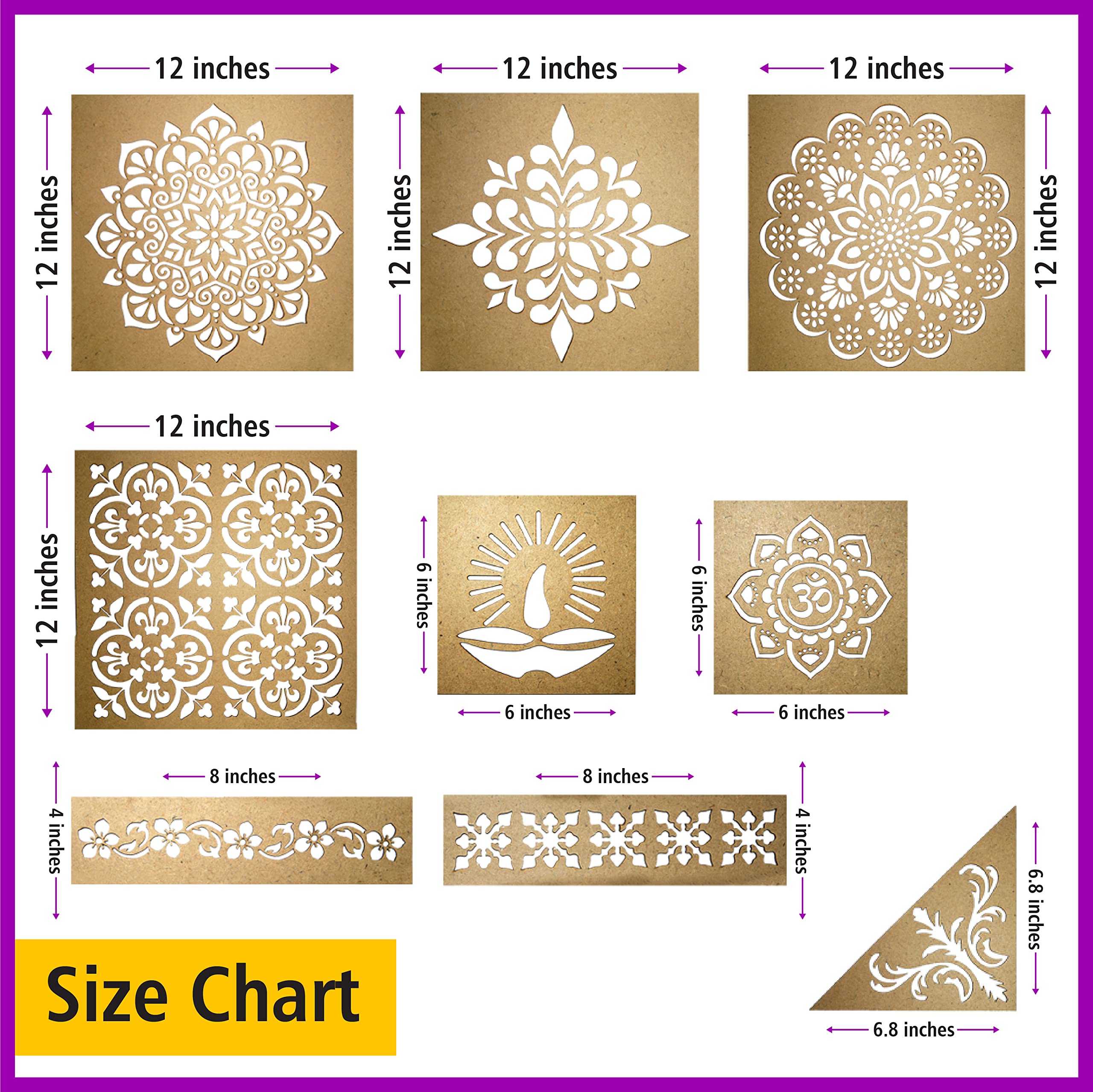 Solobolo Lot de 9 pochoirs Rangoli de grande taille avec 6 couleurs Rangoli | Pochoir Mandala Rangoli | Pochoir Diwali Diya | Pochoir OM Rangoli | Pochoir d'angle et bordure | Lot de 9