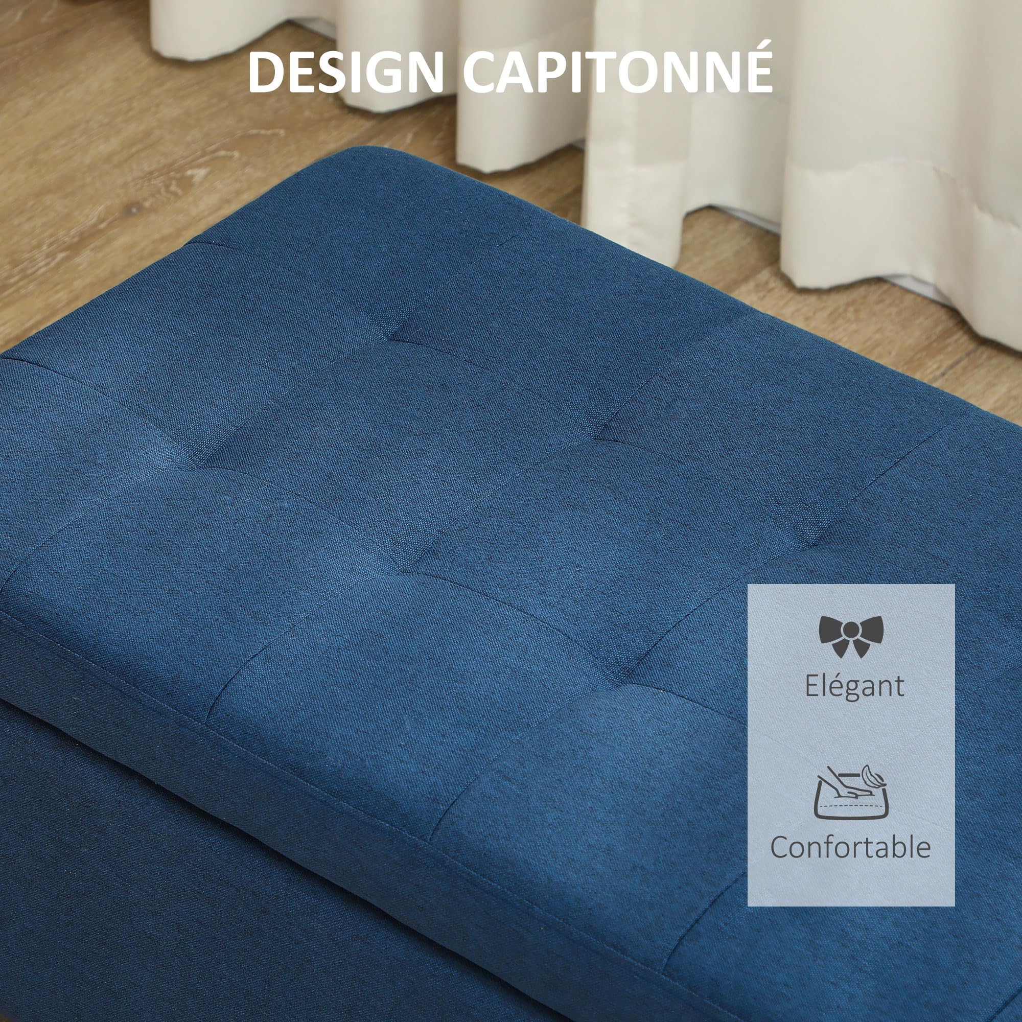 HOMCOM Banc de Rangement 94,5L Siège Capitonné 125 x 49 x 41,5 cm Bleu | Banquette Bout de Lit, Coffre de Rangement, Tissu Aspect Lin, Pieds en Bois, Salon, Chambre, Entrée, Intérieur