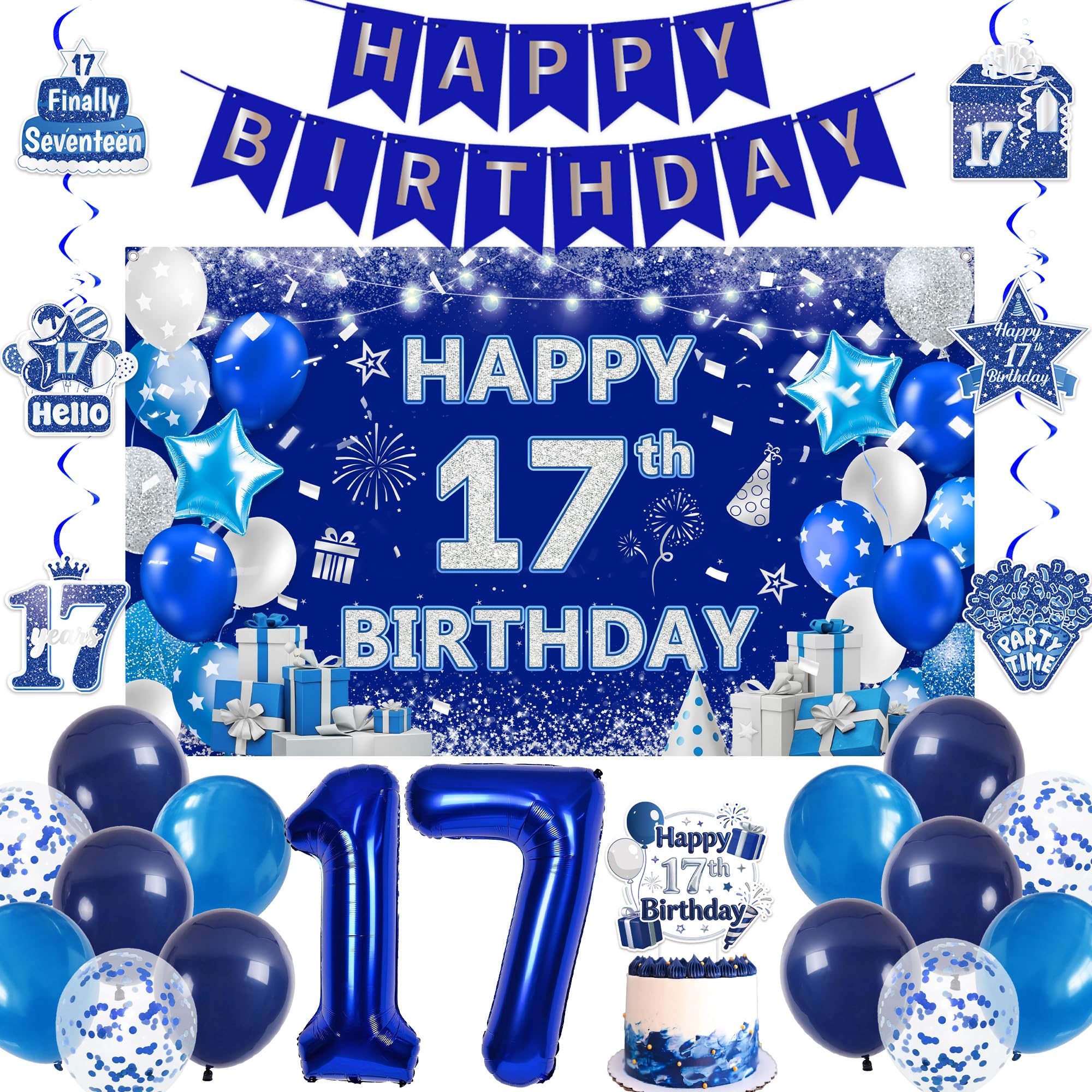 17th Birthday Backdrop Decorations for Boy - Navy Blue Happy Birthday Banner Cake Topper Background Signs, Number 17 Balloon Party Decoration for 17 Years Old Boys Bday Supplies