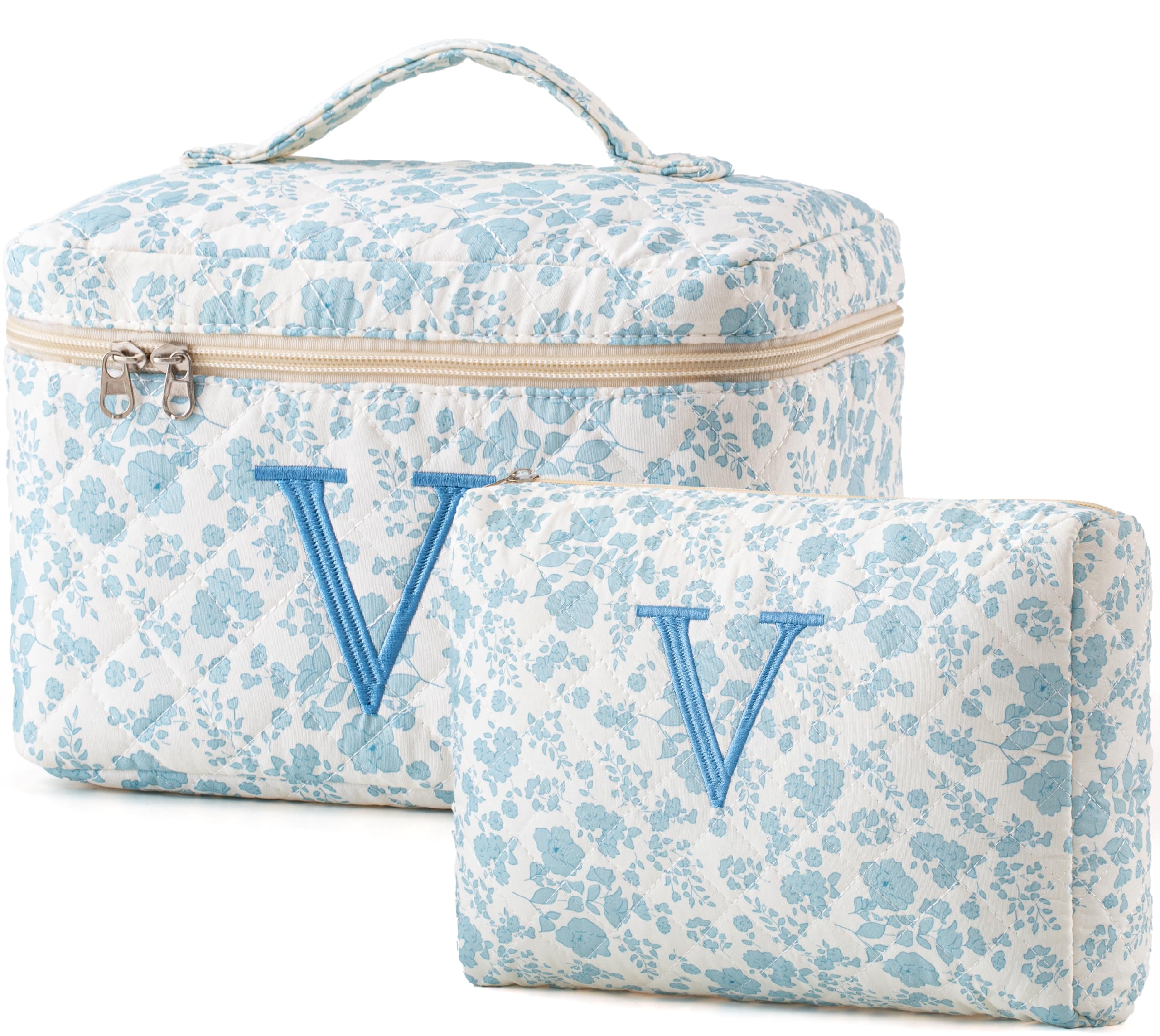 HBselect 2Pcs Initial Makeup Bag, Quilted Makeup Bag, Cotton Large Travel Makeup Bag, Cute Floral Coquette Make up Bag Cosmetic Bag Toiletry Bag for