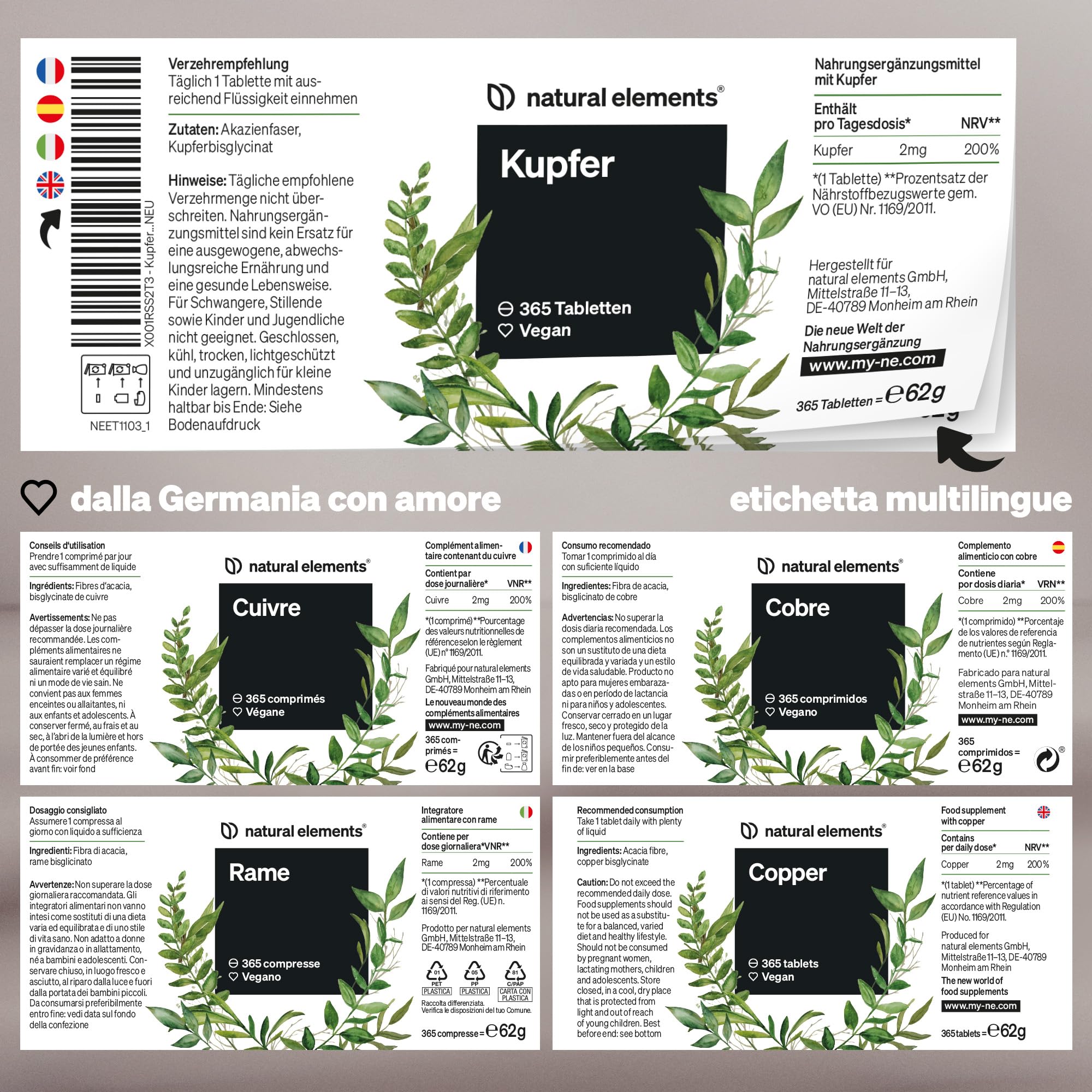 Rame – 365 compresse vegane – 2mg di rame per dose giornaliera – gusto neutro, alto dosaggio, senza additivi inutili – prodotto e testato in laboratorio in Germania