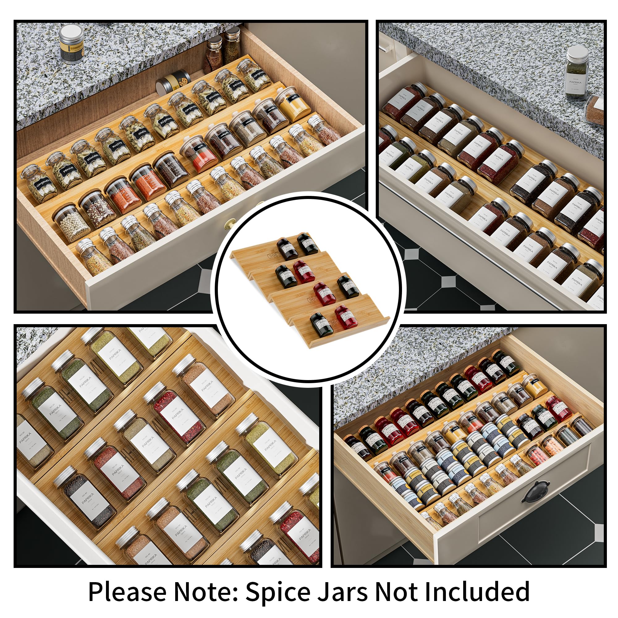 OHHLIHOME Organizzatore per spezie in bambù, confezione da 8, 33 x 11,9 x 4,1 cm, vassoio portaspezie per cassetto, organizer per condimenti (barattoli non inclusi