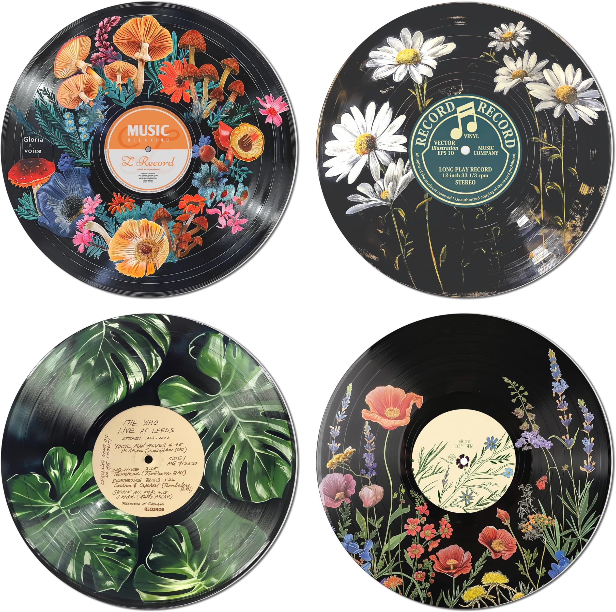 HK Studio Hippie Decor, Posters for Room Aesthetic - Botanical Wall Art, Record Decor, 4pcs 12"