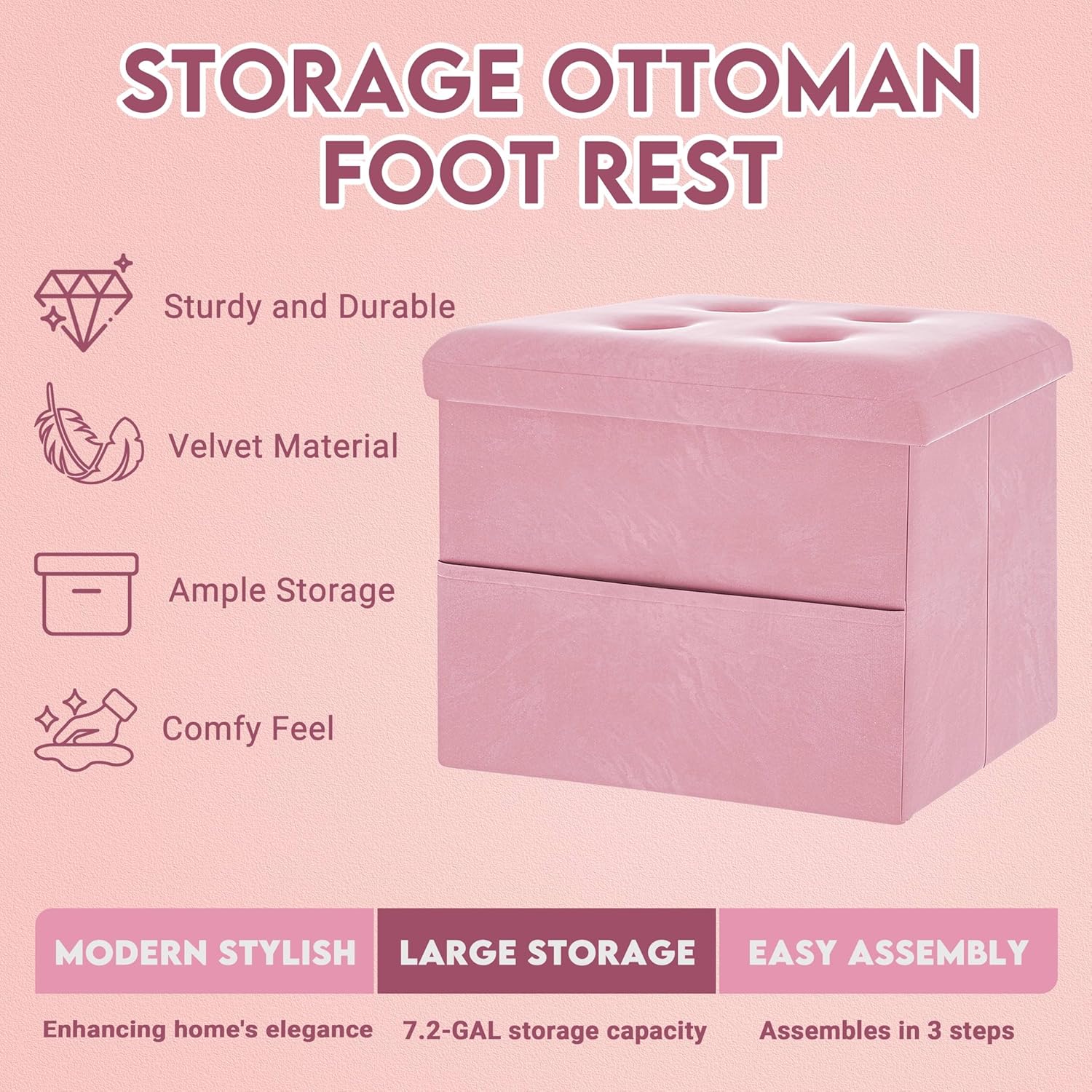Small Storage Ottoman Foot Rest, Velvet Ottoman with Storage and Side Pocket, Pink Foot Rest for Couch, Foldable Footstool Ottoman for Chair,Living Room&Dorm, 16"x12"x12" Pink - Image 3