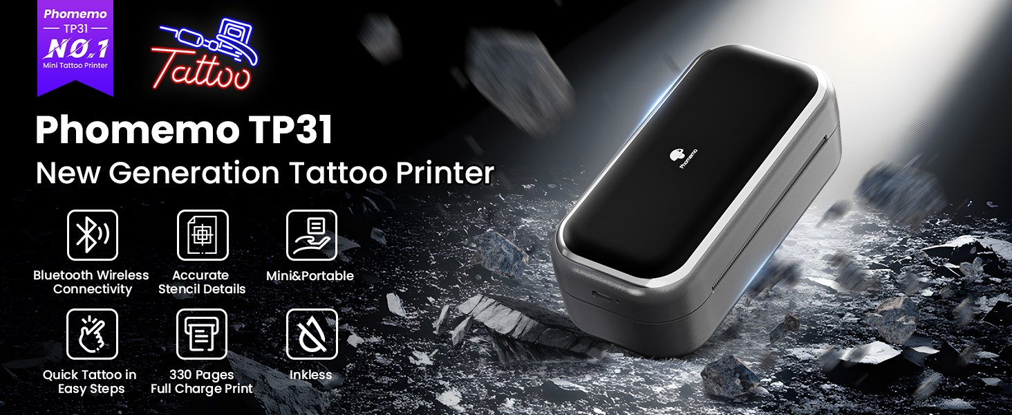 Phomemo TP31 Tattoo-Drucker – Tragbarer Bluetooth-Thermodrucker Für Tattoo-Schablonen, Inkl. 30 Transferpapieren