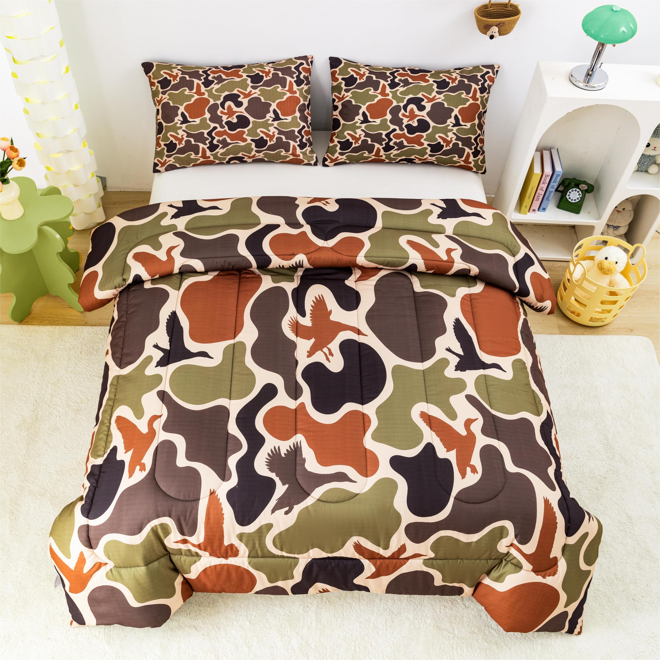 CKOU CCOO Duck Camo Bedding Set Twin Size for Boys Teens Kids, Green Army Camouflage Comforter Set 3Pcs,Duck Hunting Camo Bed Sets, Wild Home Decor Outdoor Camping Gift