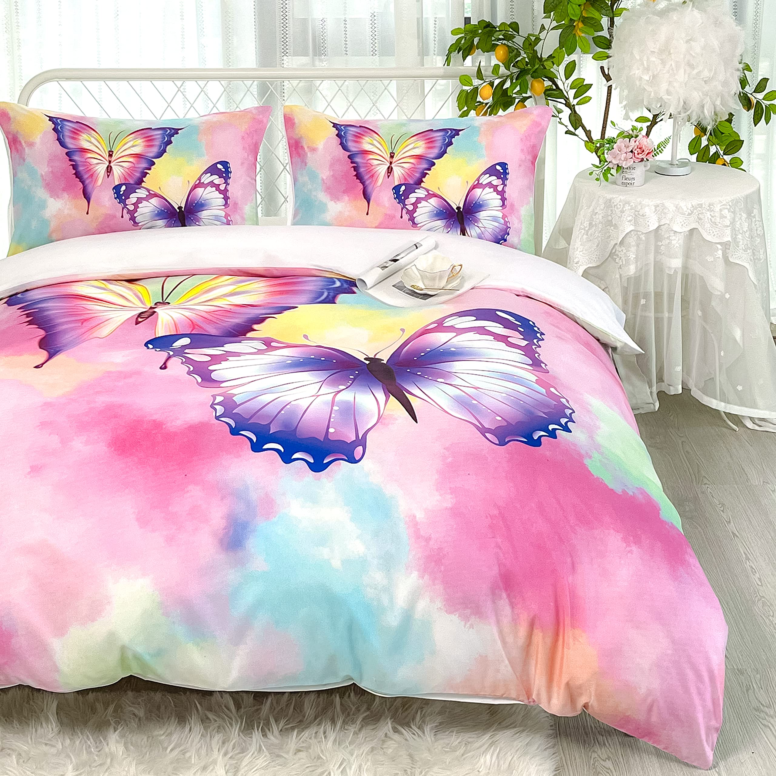 Housse de Couette Papillons CVHOUSE avec Drap Housse et 2 Taies d'Oreiller pour Lit Fille