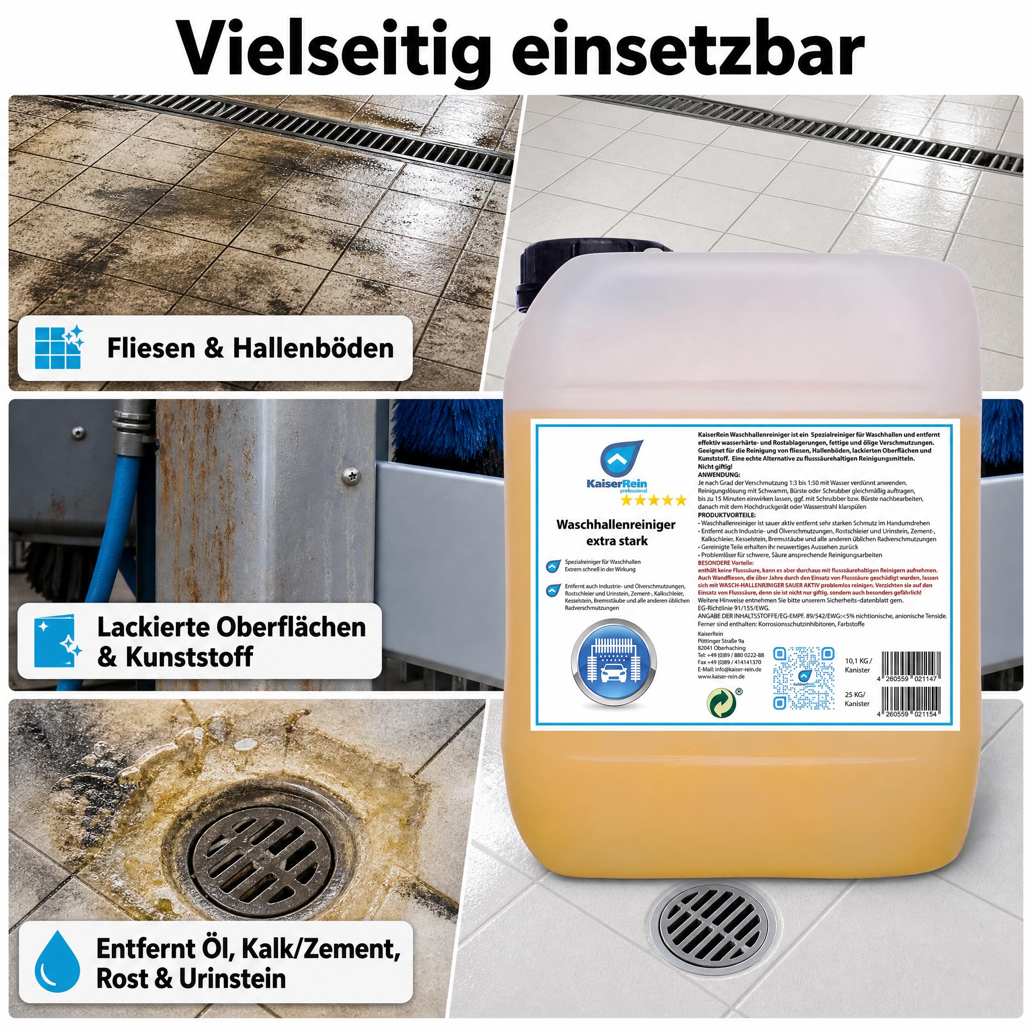 KaiserRein Fliesenreiniger Waschhallenreiniger Extra Stark, Zementschleierentferner und Bodenreiniger Konzentrat, Sauer Aktiv & Flusssäurefrei, für Waschhalle/Hallenboden/Fliesen, 10,1 kg Kanister
