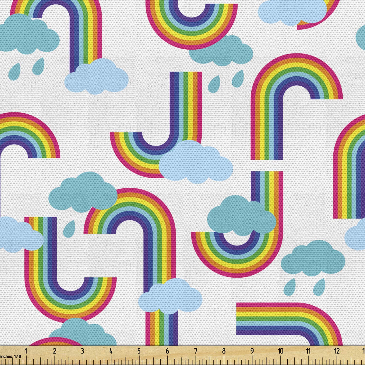 Ambesonne Cartoon Fabric by The Yard, Repeating Nursery Themed Pattern of Rainbows and Clouds Sky Elements, Decorative Fabric for Upholstery and Home Accents, 1 Yard, White Blue