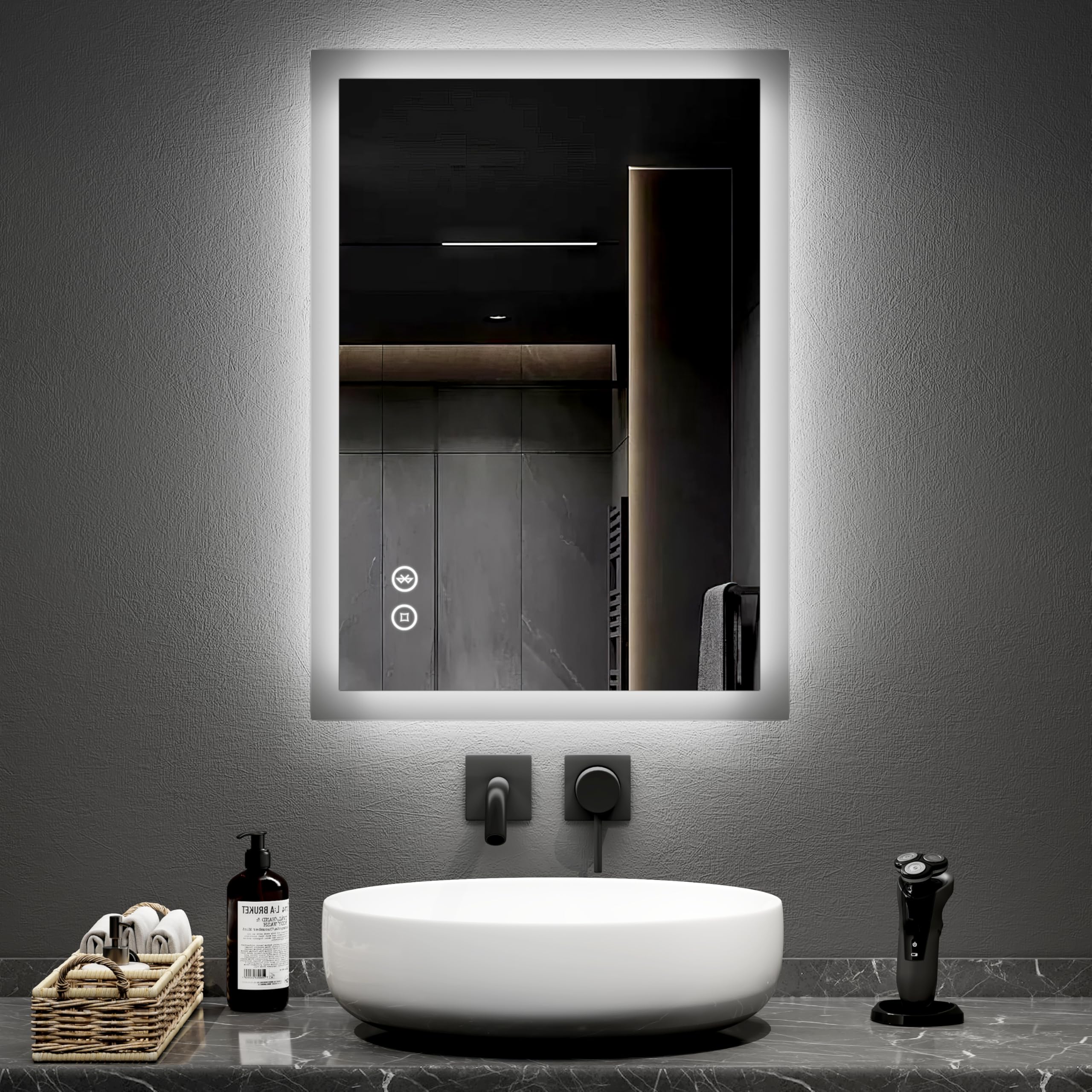 EMKE 500 X 700 mm Backlit Illuminated Bluetooth Bathroom Mirror with Shaver Socket, Wall Mounted Multifunction Bathroom Vanity Mirror with LED Lights and Demister Pad, Energy-Saving LED Smart Mirror