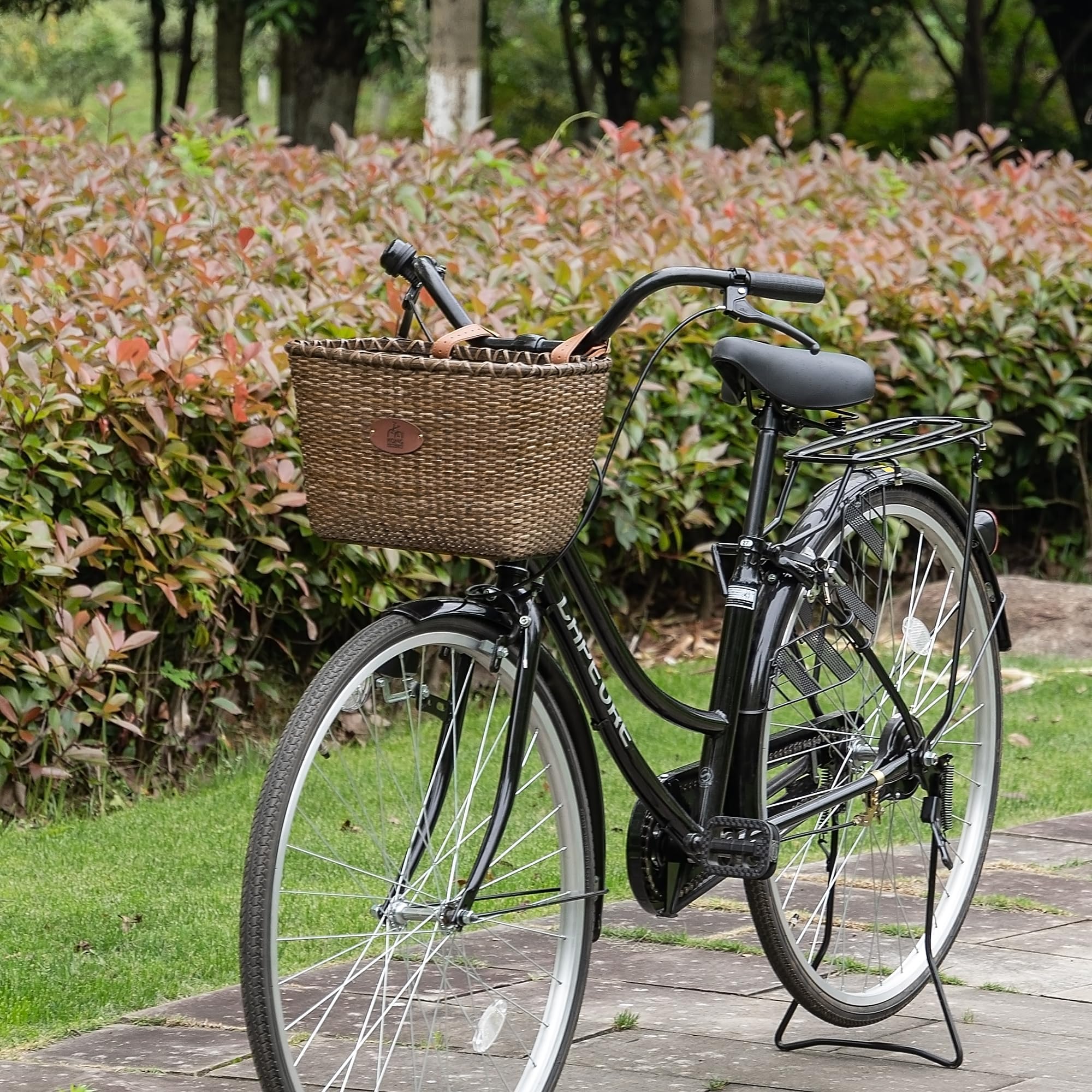 Cestino per bicicletta, design retrò, robusto cestino per bicicletta, manubrio con base in legno e supporto in pelle, ideale come cestino anteriore per bicicletta