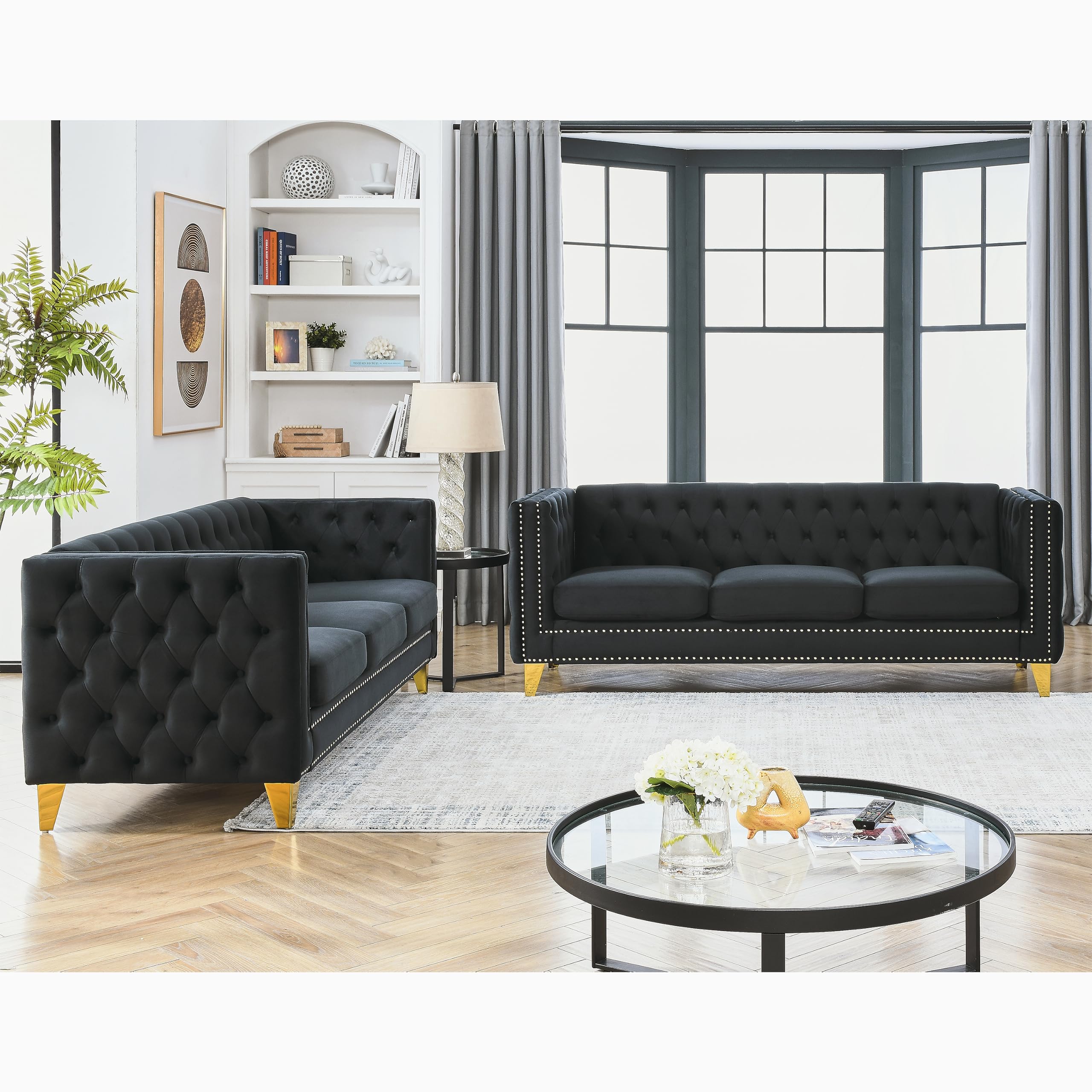 KEIKI Tufted Velvet 3+3 Seat Sofa Couch for Living Room, Buttons Tufted Square Arm Couch for Home Apartment, Black