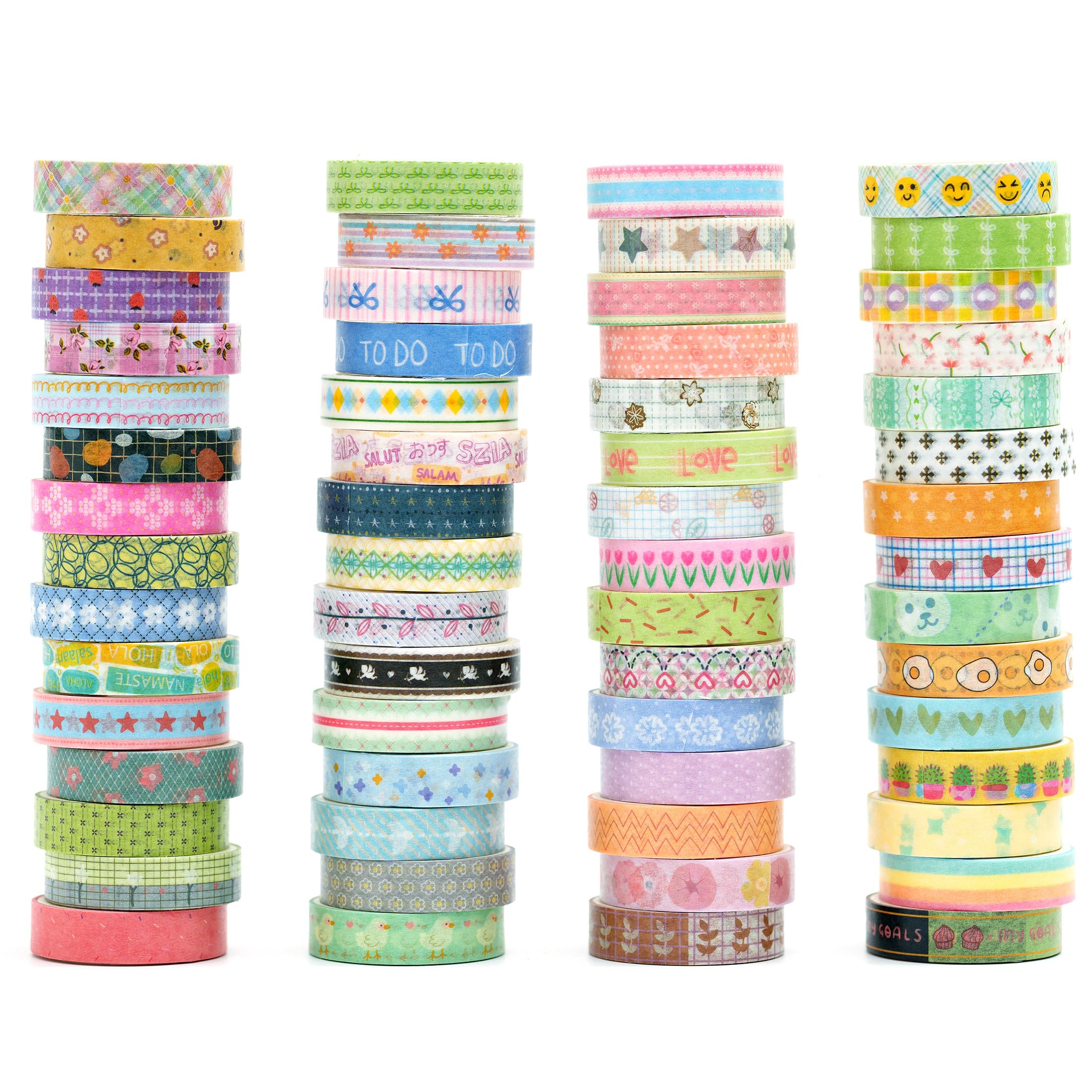 Songdao 60 Rolls Cute Washi Tape Pack Basic Mini Adhesive Tapes Stars, Plaids, Florals, Grids & Dots Patterns Decorative Masking Tape Sets for Craft, Kids, Scrapbook, DIY, Gift Wrapping (Kawaii)