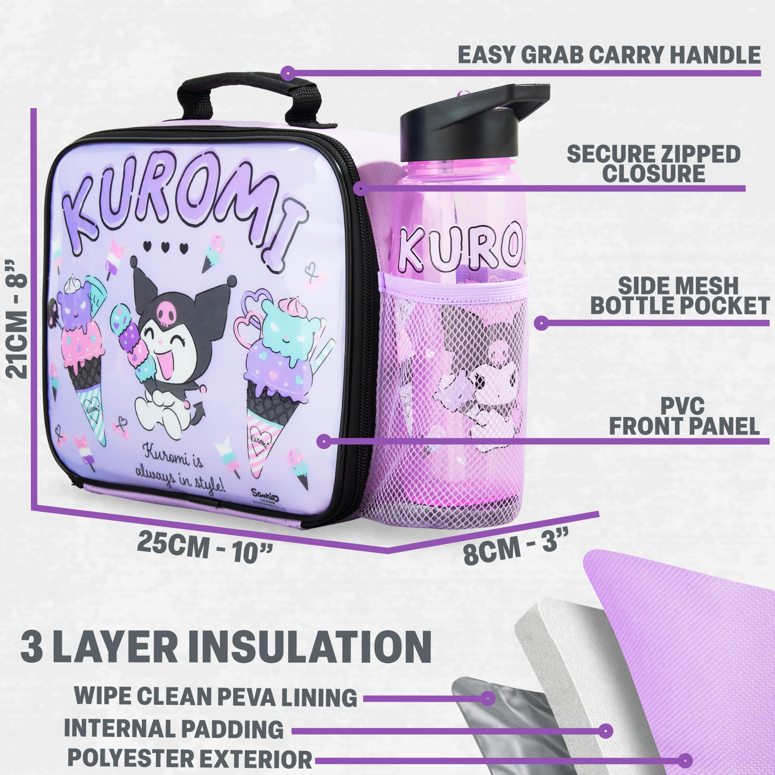 Get Trend Hello Kitty Kuromi Sac Isotherme Repas Enfant, Double Compartiment Ecole Sac Repas Isotherme Fermeture Eclair pour Boite Repas (Multi Kuromi