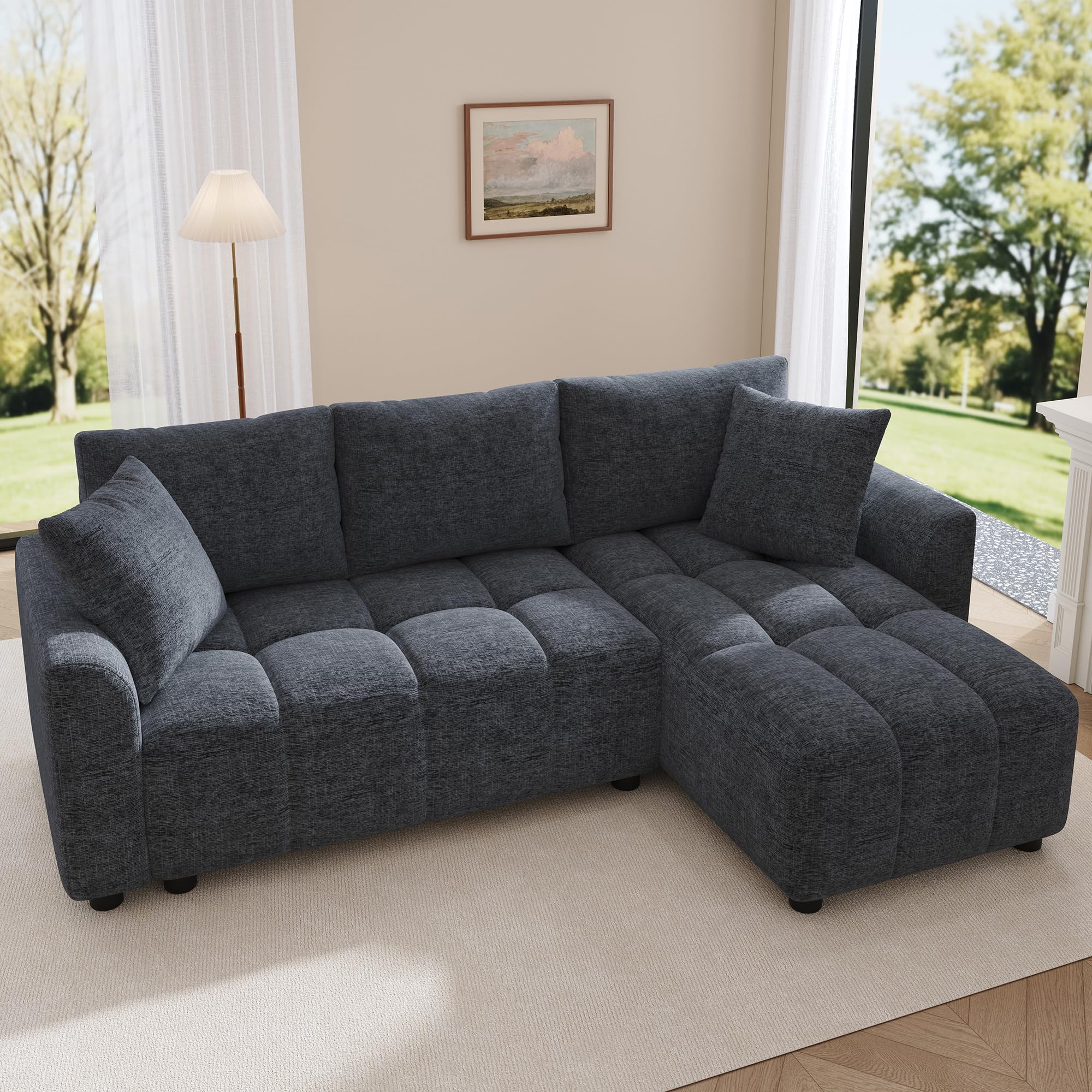 Divano a 3 posti, in ciniglia, grigio, 82,5 x 127 x 204 cm, divano ad angolo trasformabile, a forma di L, con 2 cuscini decorativi, adatto per soggiorno e appartamento