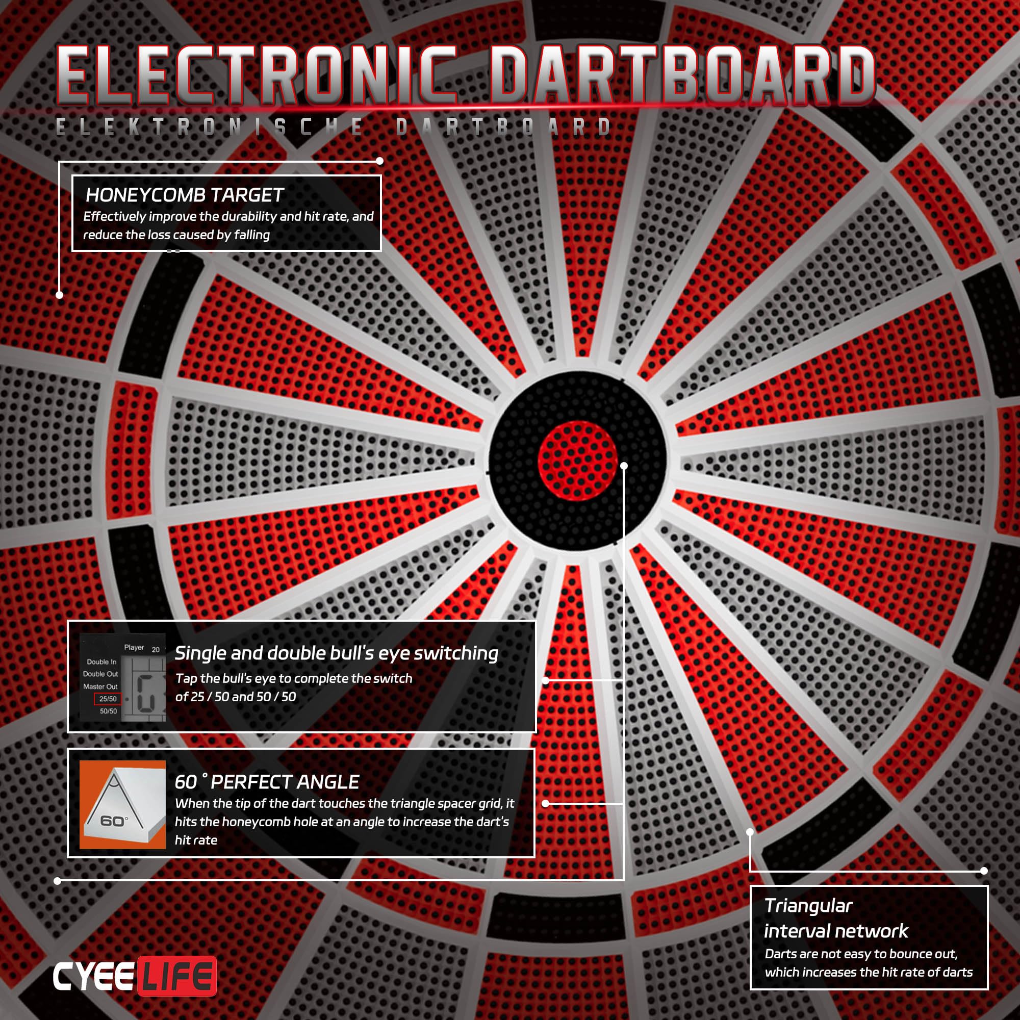 CyeeLife Diana electrónica Profesional con Dart Throw Line, 34 Juegos y 355 variaciones, Diana Profesional para baterías/Adaptador para 1 a 8 Jugadores con 12 Dardos - No Data Cable ！