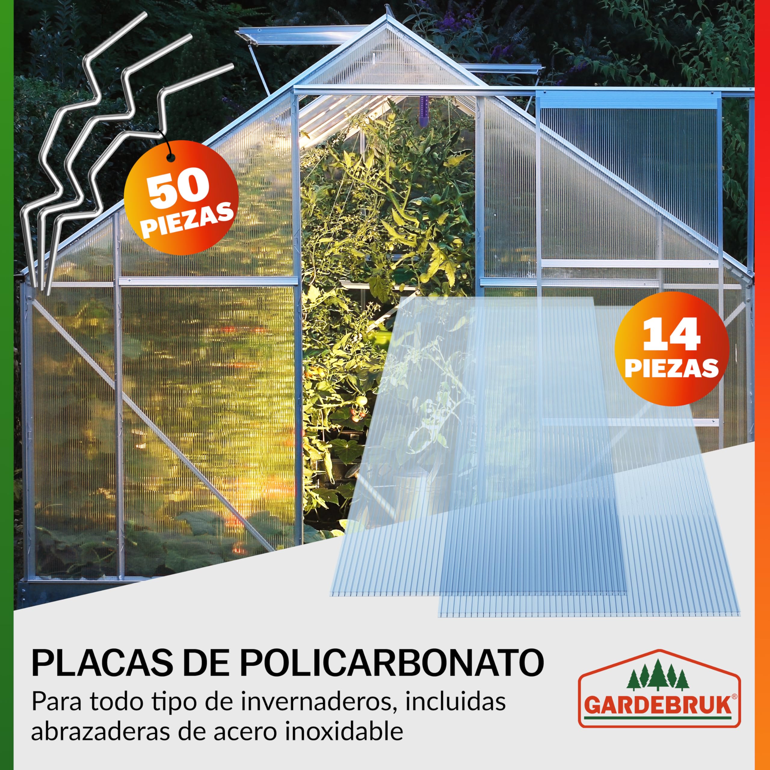 Gardebruk Set 14x Placas Policarbonato Doble Pared +50x Abrazaderas Acero Inox. Multiusos 10,25m²