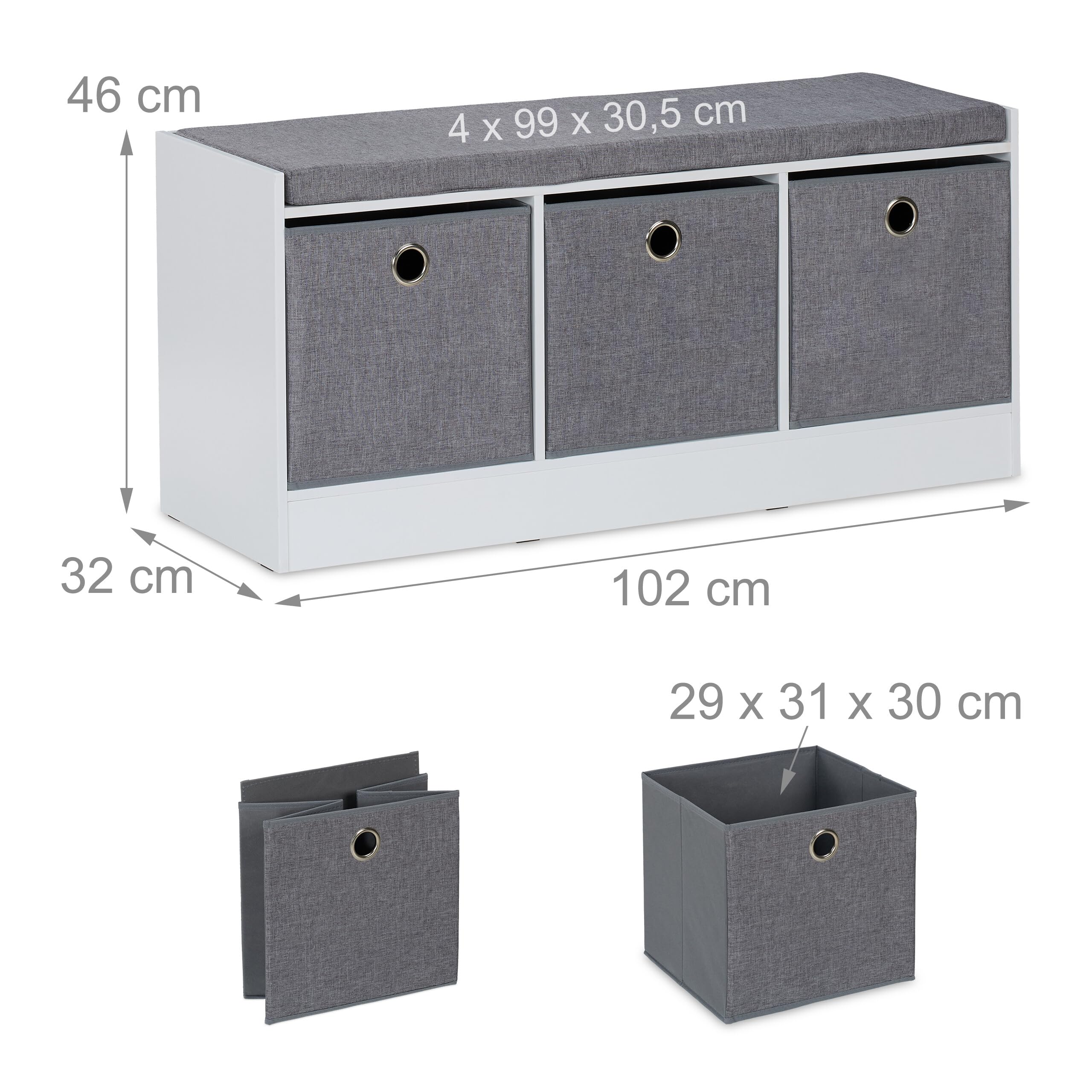 Relaxdays Sitzbank, Polsterbank mit 3 Stoff-Schubladen, HxBxT: 46 x 102 x 32 cm, MDF, Aufbewahrungsbank, weiß/grau