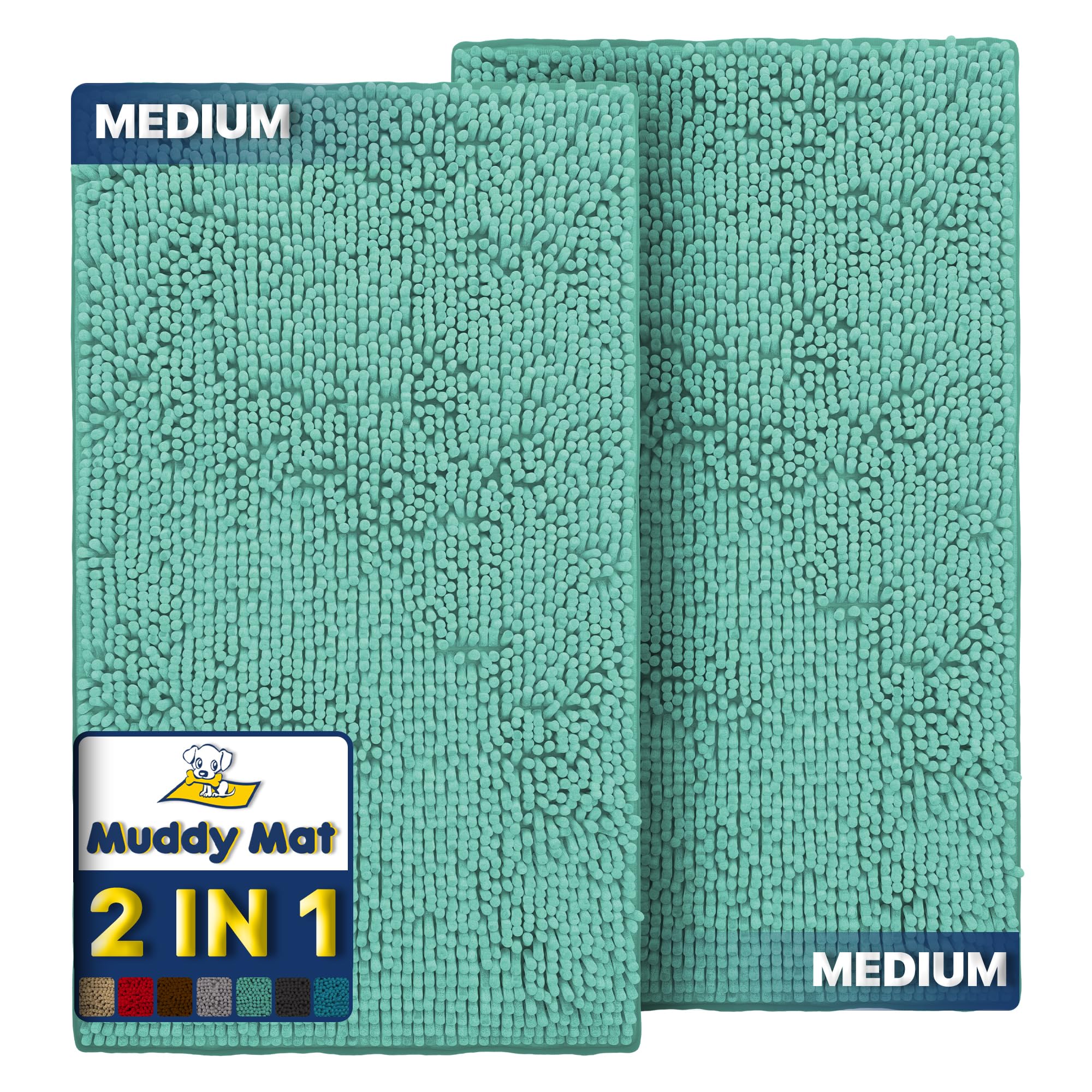 Muddy Mat® 2-Piece Seafoam Green Medium 30"X19" AS-SEEN-ON-TV Highly Absorbent Microfiber Door Mat, Bath Mat and Pet Rug, Non Slip Thick Washable,