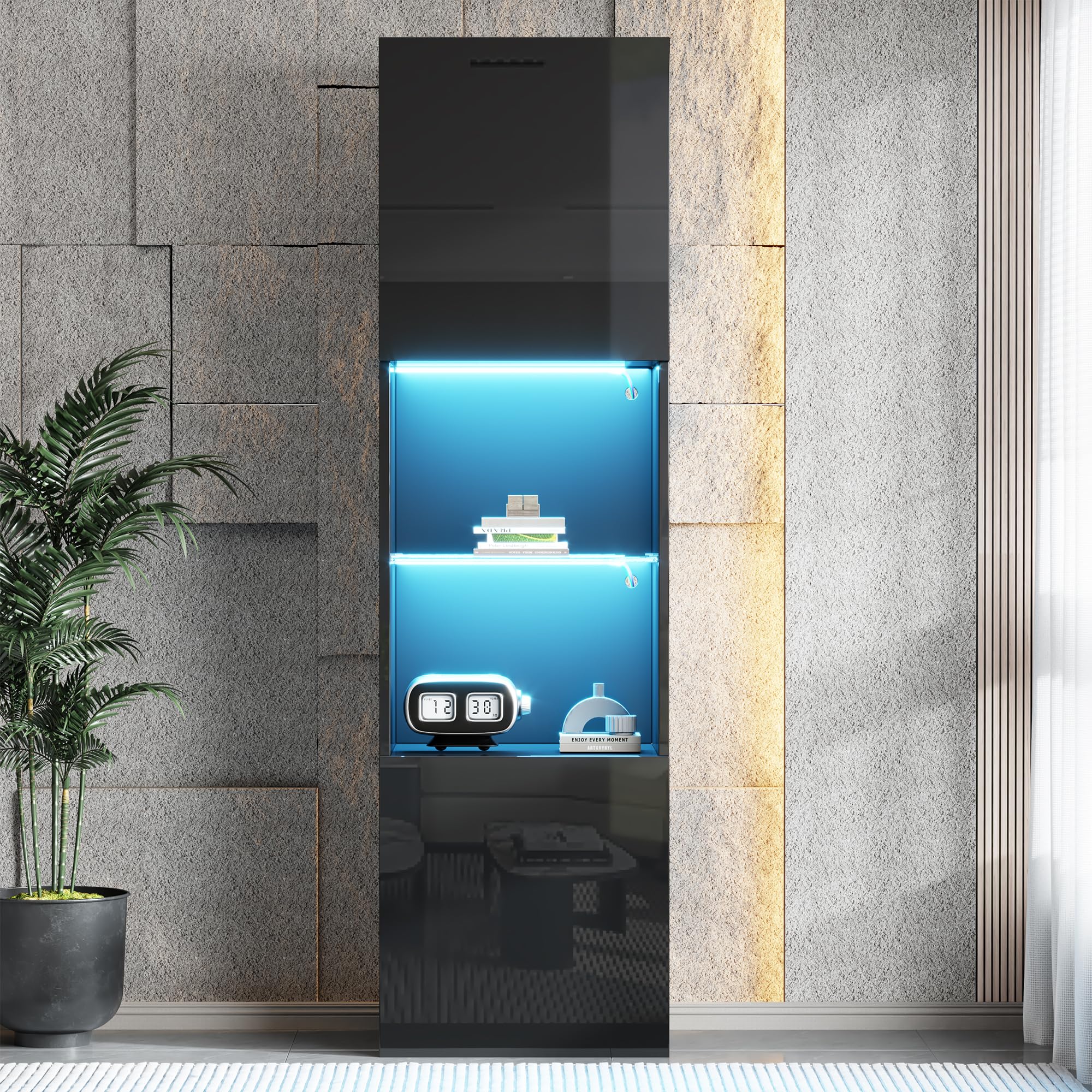 Vitrina Expositora para Colecciones con luz, vitrina de Cristal con Puerta 160x45x35cm LED de 16 colores y 4 modo dinámicos Muebles Vitrinas de Salon de Cristal con Estante Armario de Libros(A, Negro)