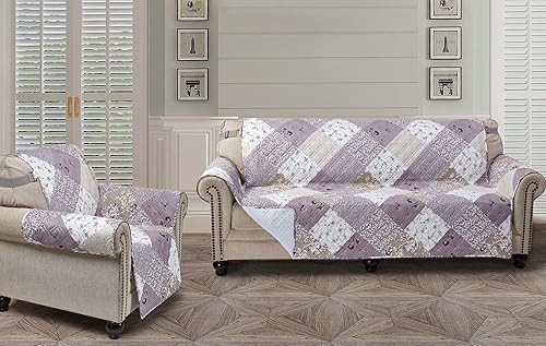 Miniatura 6 de Brilliant Sunshine Funda de sofá de retazos rosa lila y beige, funda acolchada para sofá grande, 70 pulgadas de ancho de asiento, protector de