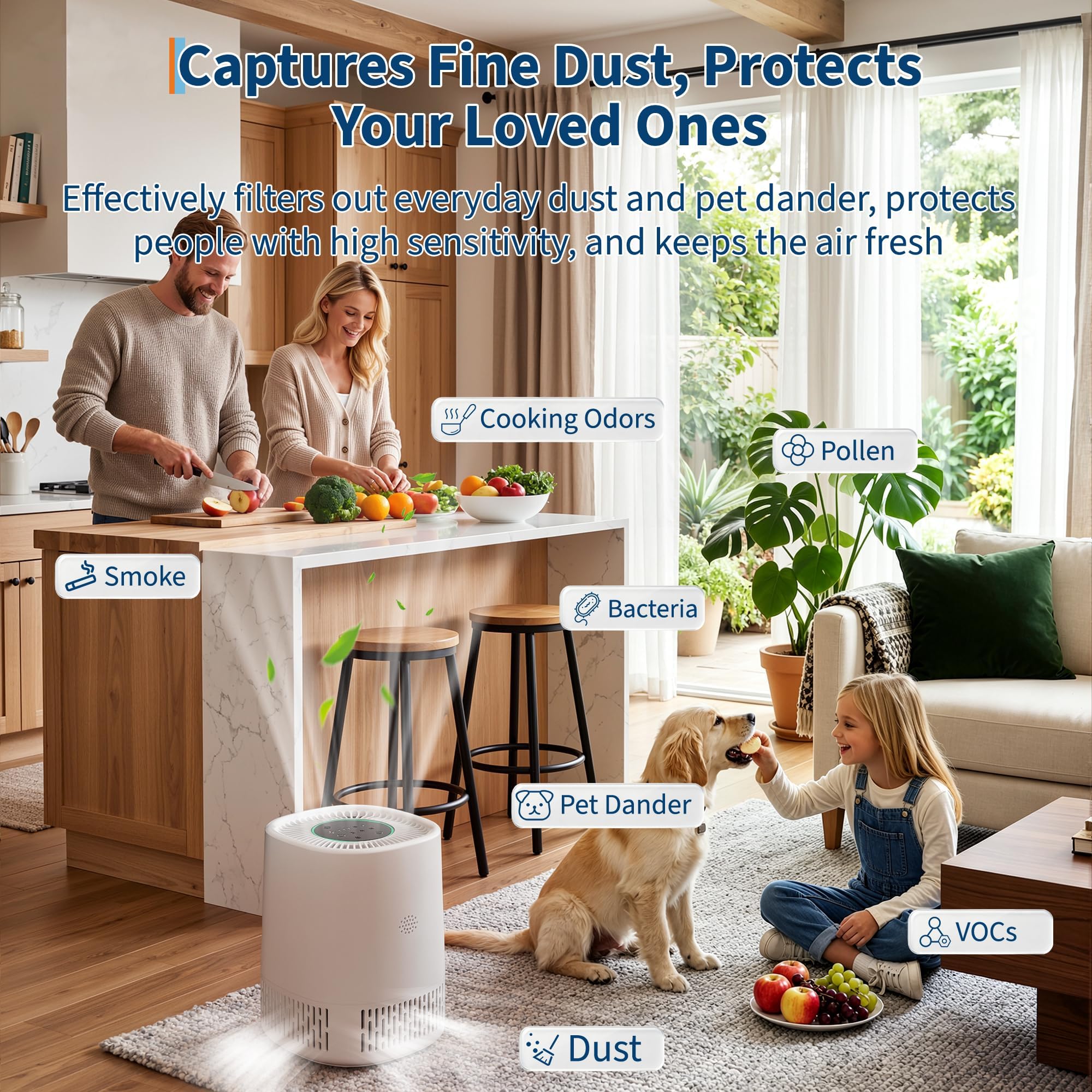 Purificatore d'aria con HEPA + filtro ai carboni attivi, CADR 100 m³/h per fino a 15 ㎡, 5 livelli, modalità automatica, modalità standby 24 dB, timer, sicurezza per bambini, 5 V Type-c USB