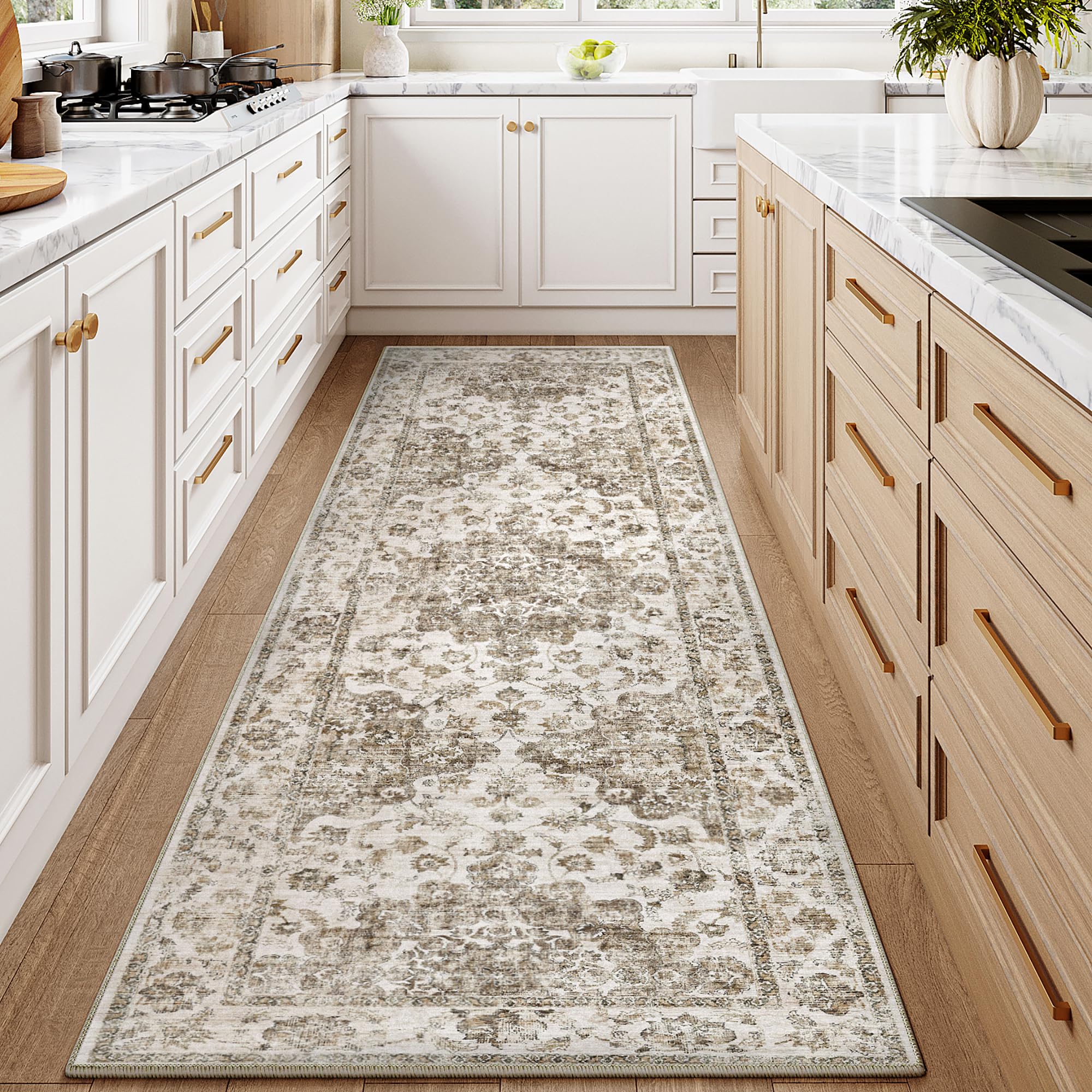 HUGEAR Bruin Grijs Vloerkleed Gang Loper Modern Abstract Tapijt 60x240cm Antislip Machinewasbaar Lange Vloerkleden Hal Keuken Slaapkamer Kantoor Kortpolige Tapijten