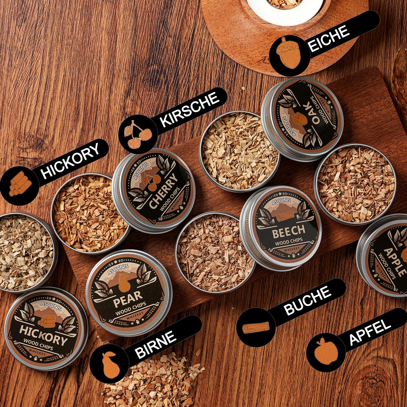 Whisky-Räucherset mit Fackel-6 Geschmacksrichtungen, Holzspäne, 2 Gläser, 6 Whiskysteine, Cocktail-Räucherset, Getränke-Räucherset, Geburtstagsgeschenke für Bourbon-Whiskey für Männer (Ebenholz)