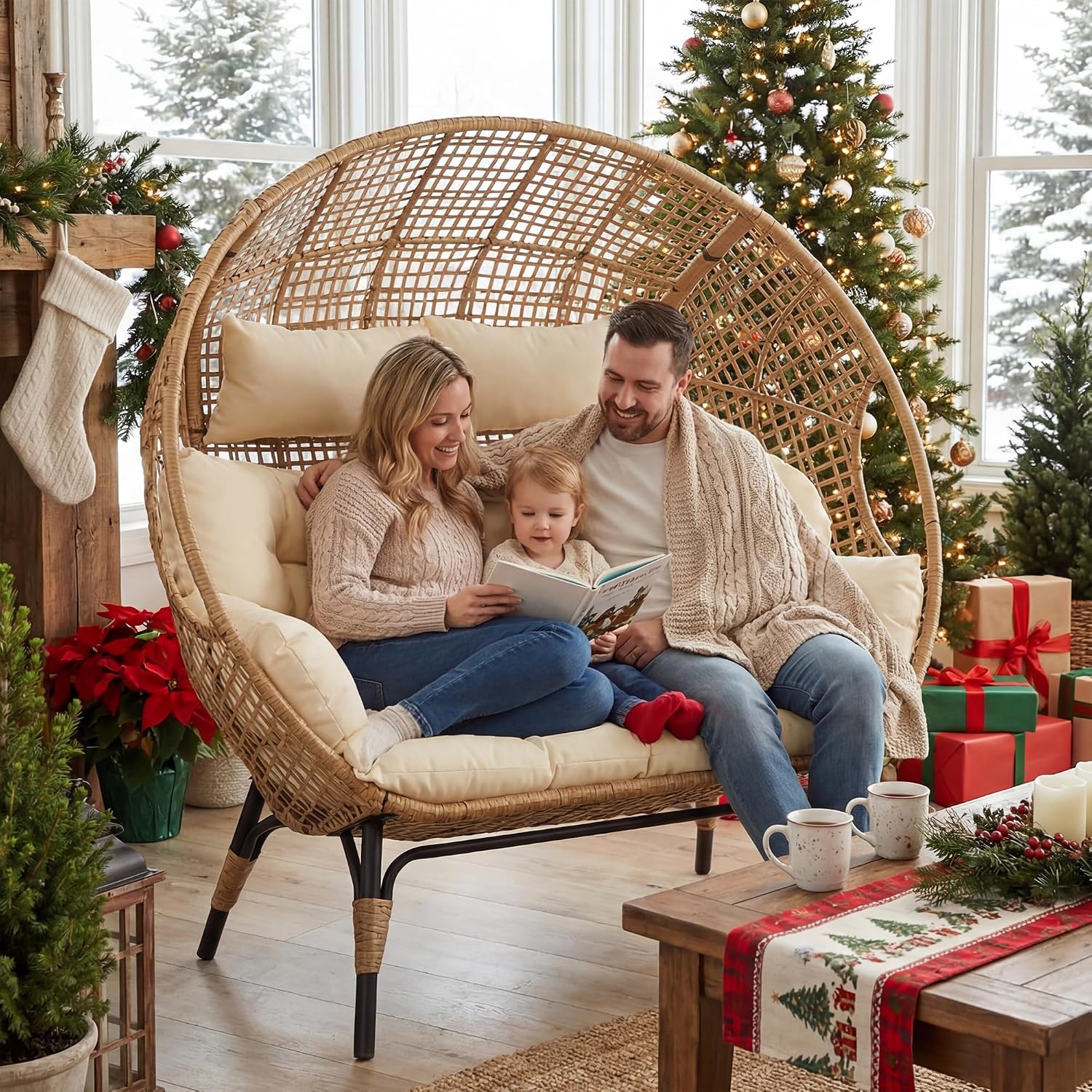 RADIATA Oversized Double Egg Chair for 2 Person, Stationary Wicker Loveseat with Cushion and Legs, Sturdy Rattan Seat for Outdoor Patio Balcony Deck Garden Living Room or Indoor Use, Beige