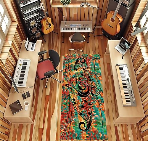 Miniatura 2 de Alfombra de pasillo de notas musicales, 2 x 7 pies, música retro, líneas melodías abstractas, a cuadros, alfombra musical de los años 80 y 90,